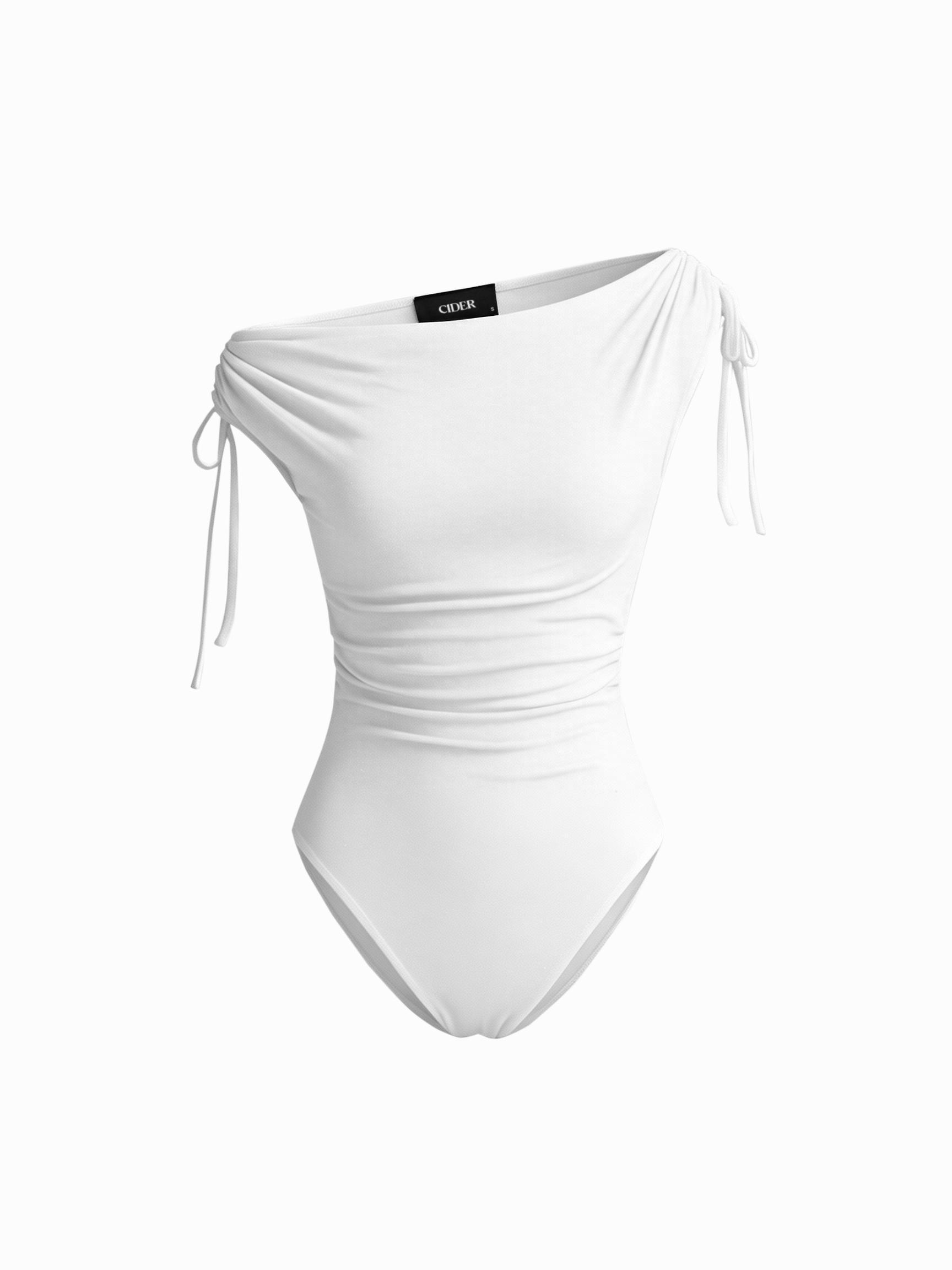 Asymmetrical Neck Drawstring Ruched Bodysuit by CIDER
