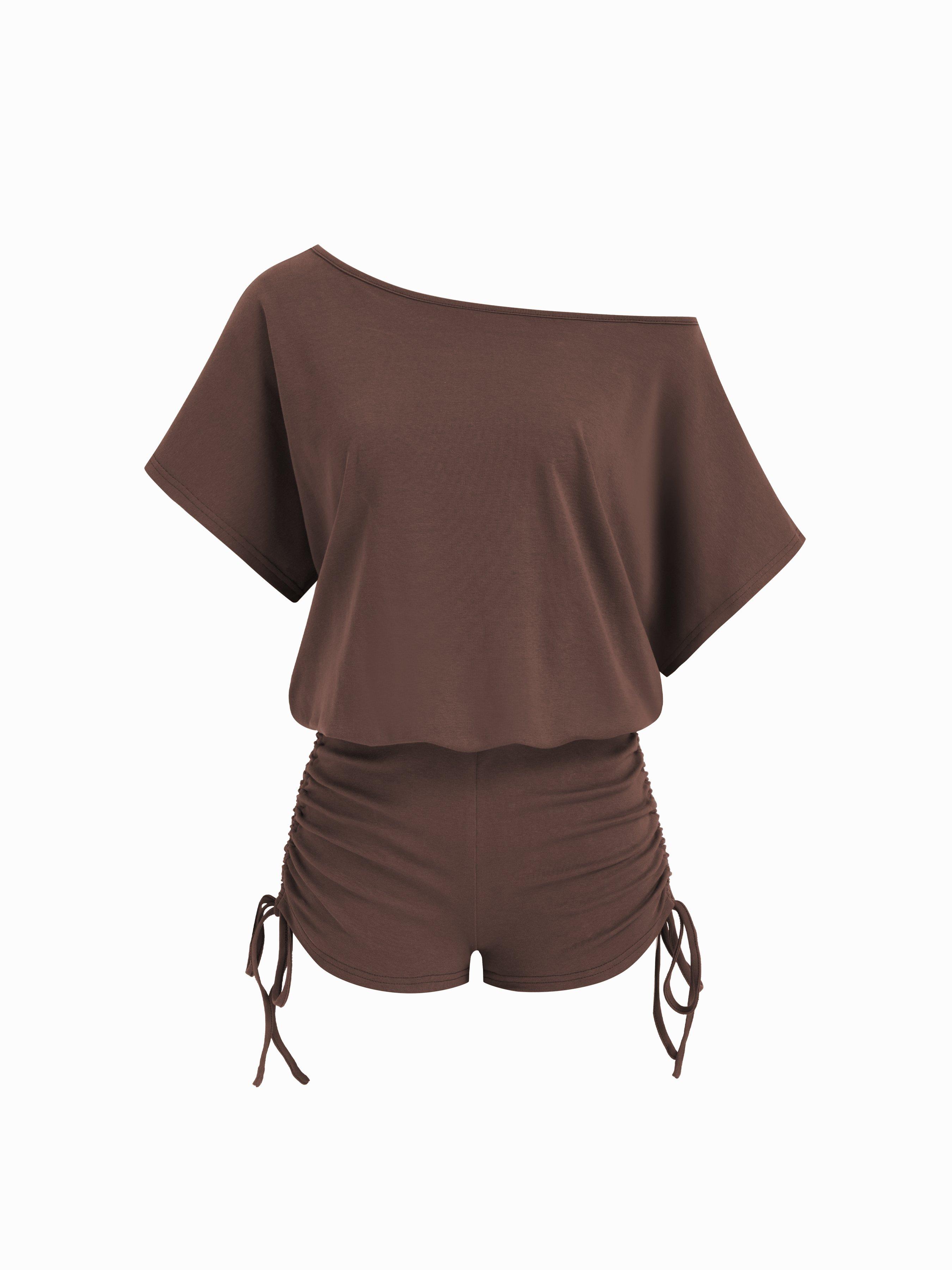 Asymmetrical Neck Drawstring Ruched Tie Back Romper by CIDER