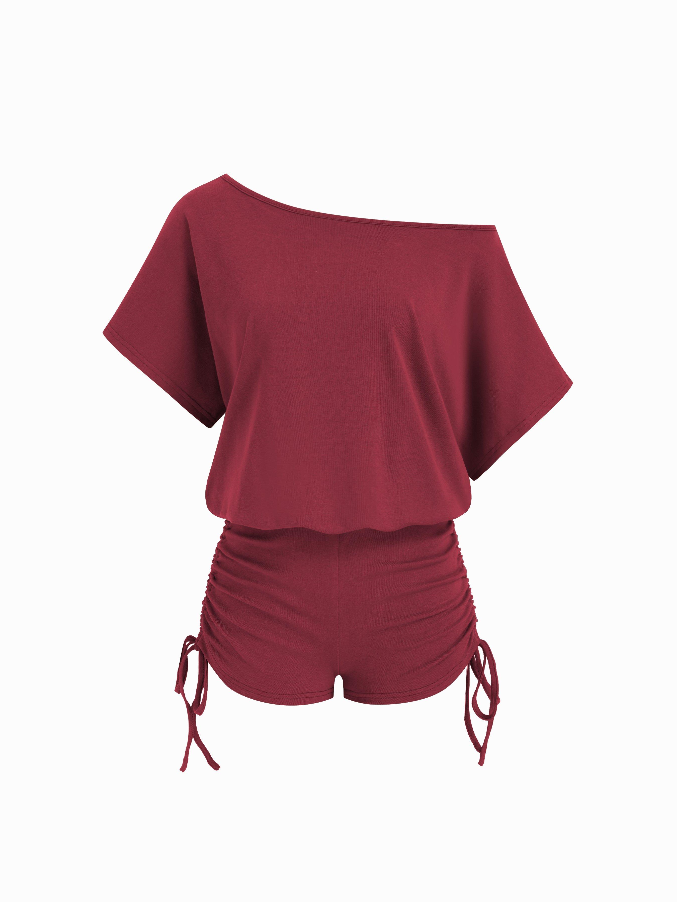 Asymmetrical Neck Drawstring Ruched Tie Back Romper by CIDER