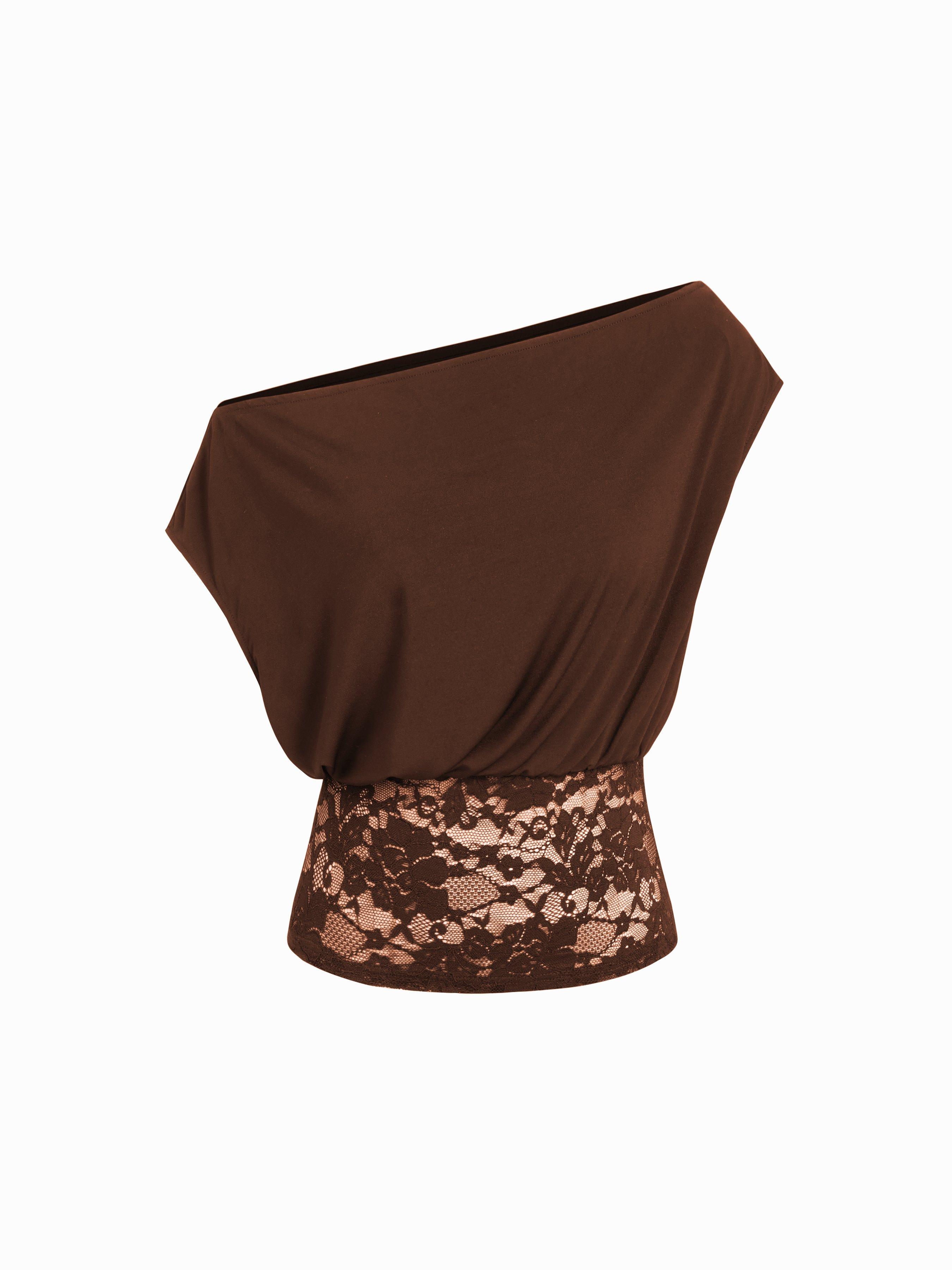 Asymmetrical Neck Floral Lace Ruched Top by CIDER