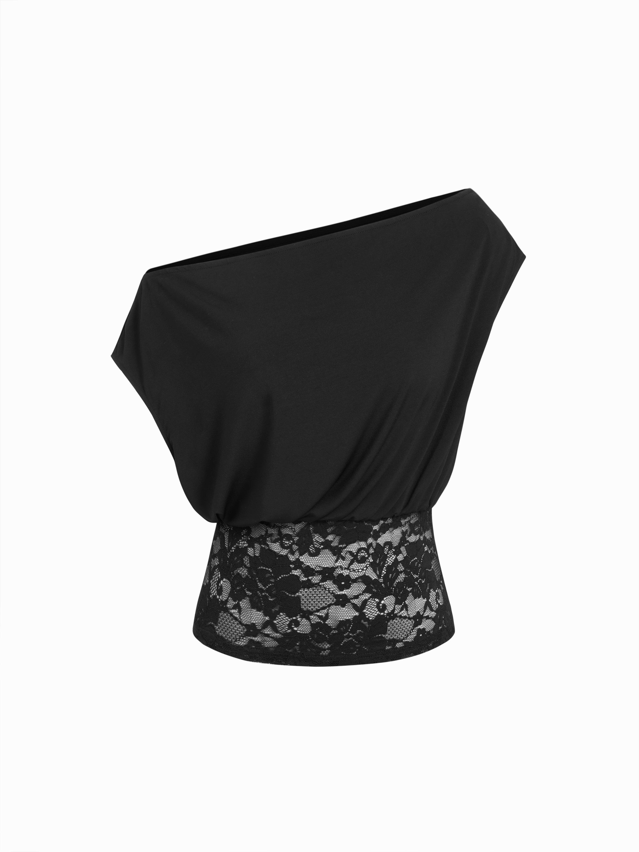 Asymmetrical Neck Floral Lace Ruched Top by CIDER