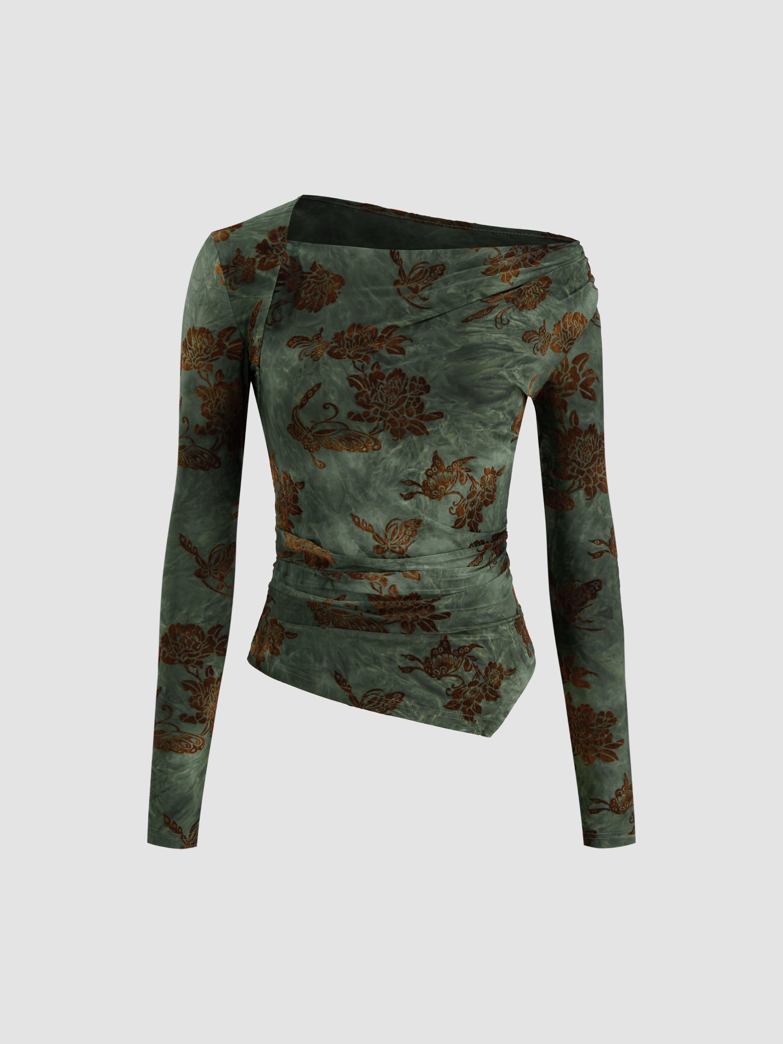 Asymmetrical Neck Floral Ruched Long Sleeve Blouse by CIDER