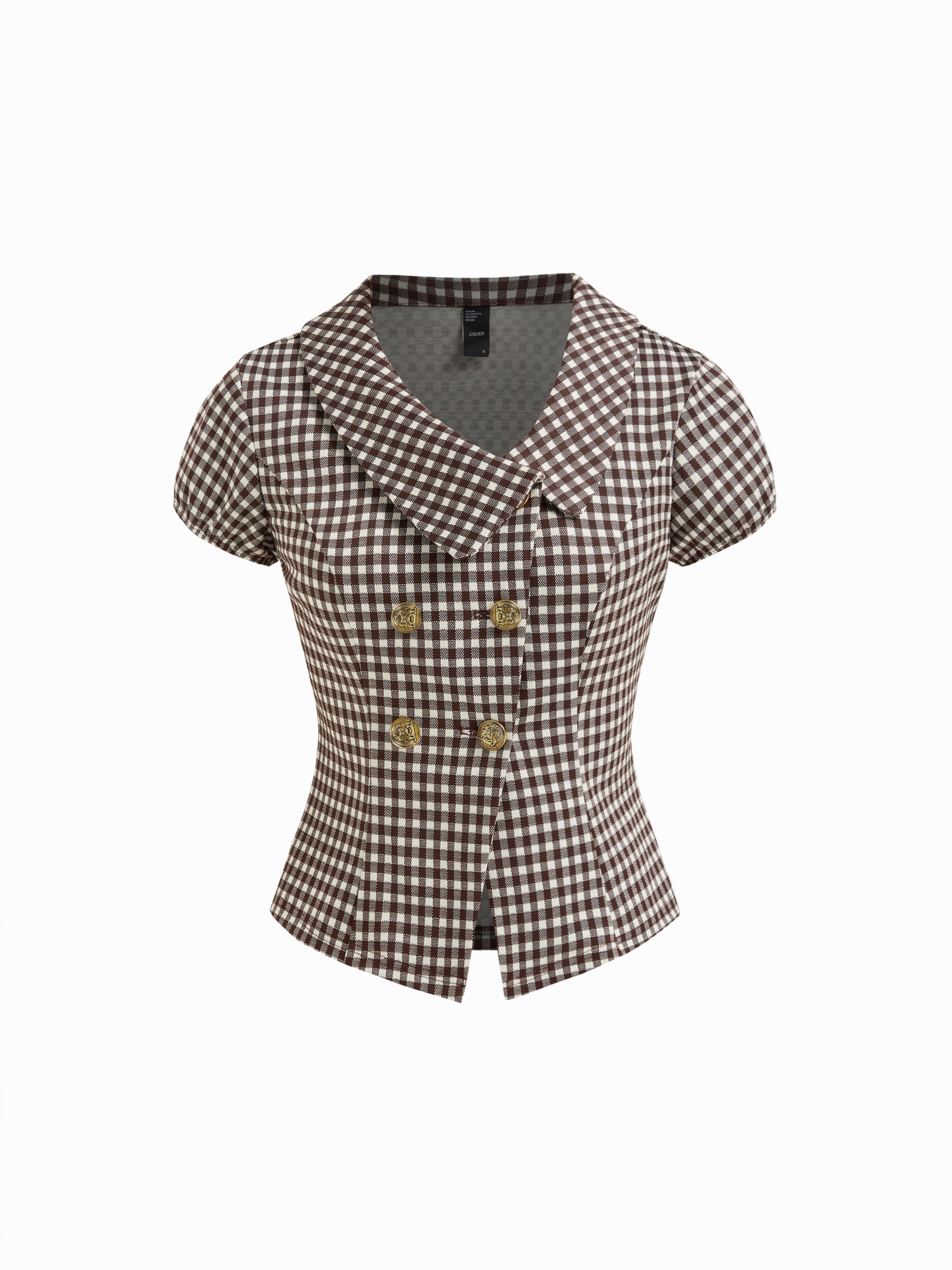 Asymmetrical Neck Gingham Button Top by CIDER