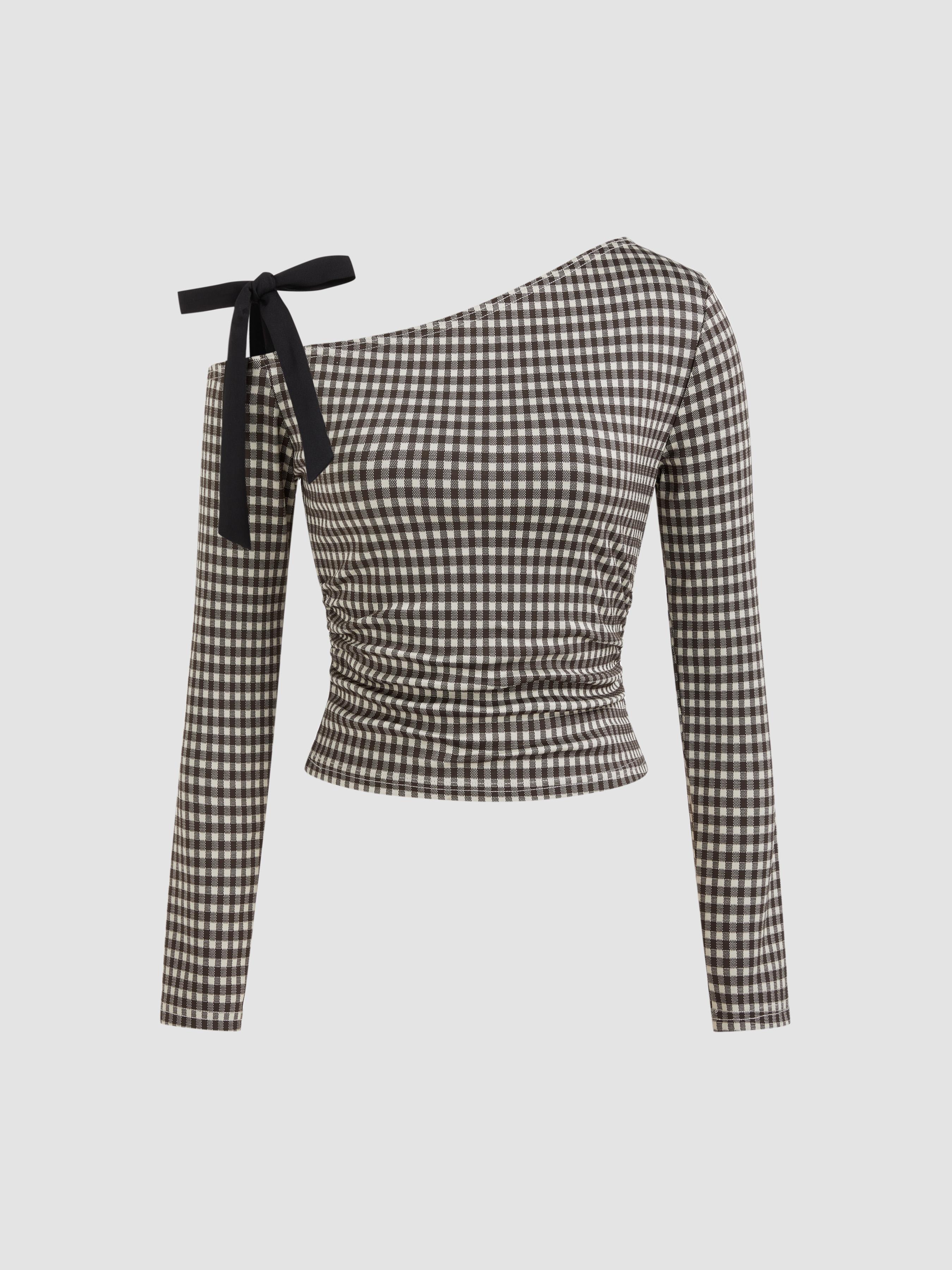 Asymmetrical Neck Gingham Knotted Long Sleeve Top by CIDER