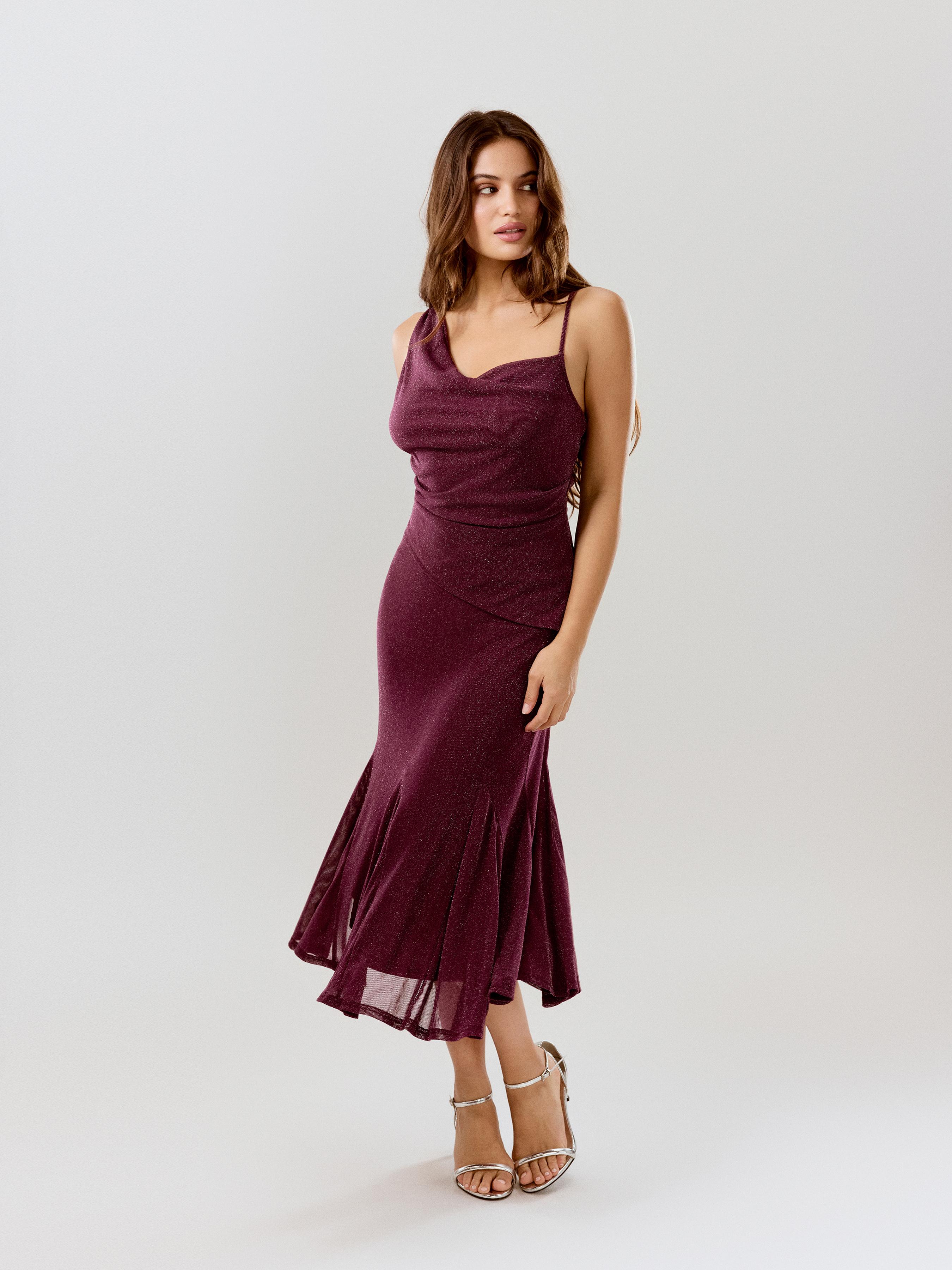 Asymmetrical Neck Glitter Ruched Top & High Rise Ruffled Mermaid Maxi Skirt Set by CIDER