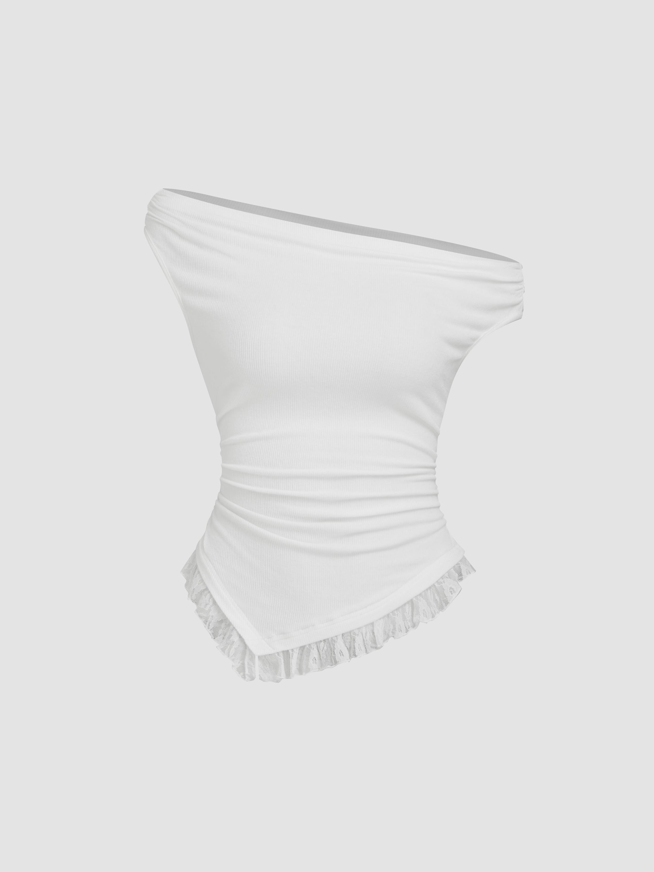 Asymmetrical Neck Lace Trim Ruched Top by CIDER