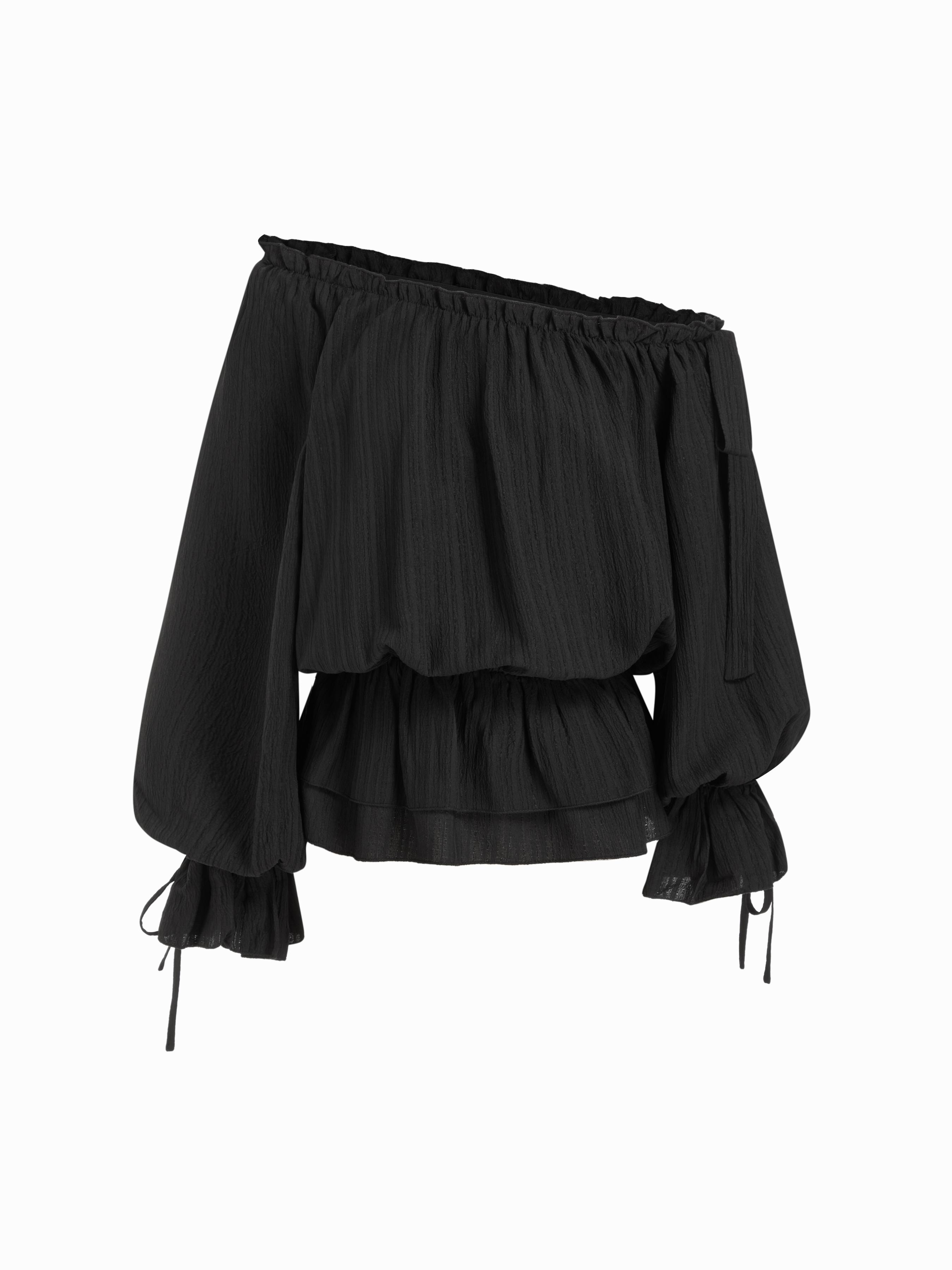 Asymmetrical Neck Lantern Sleeve Knotted Blouse by CIDER