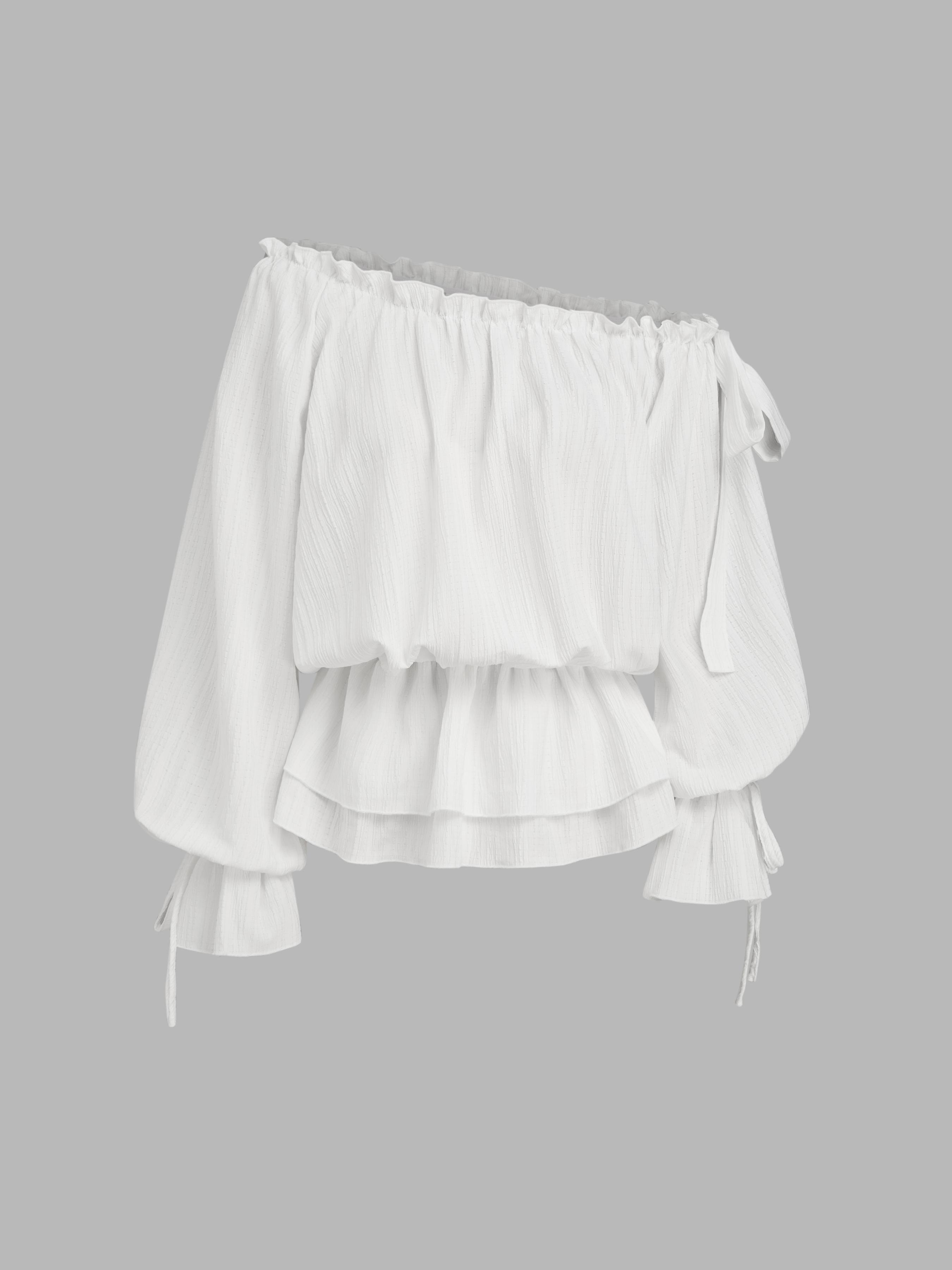 Asymmetrical Neck Lantern Sleeve Knotted Blouse by CIDER
