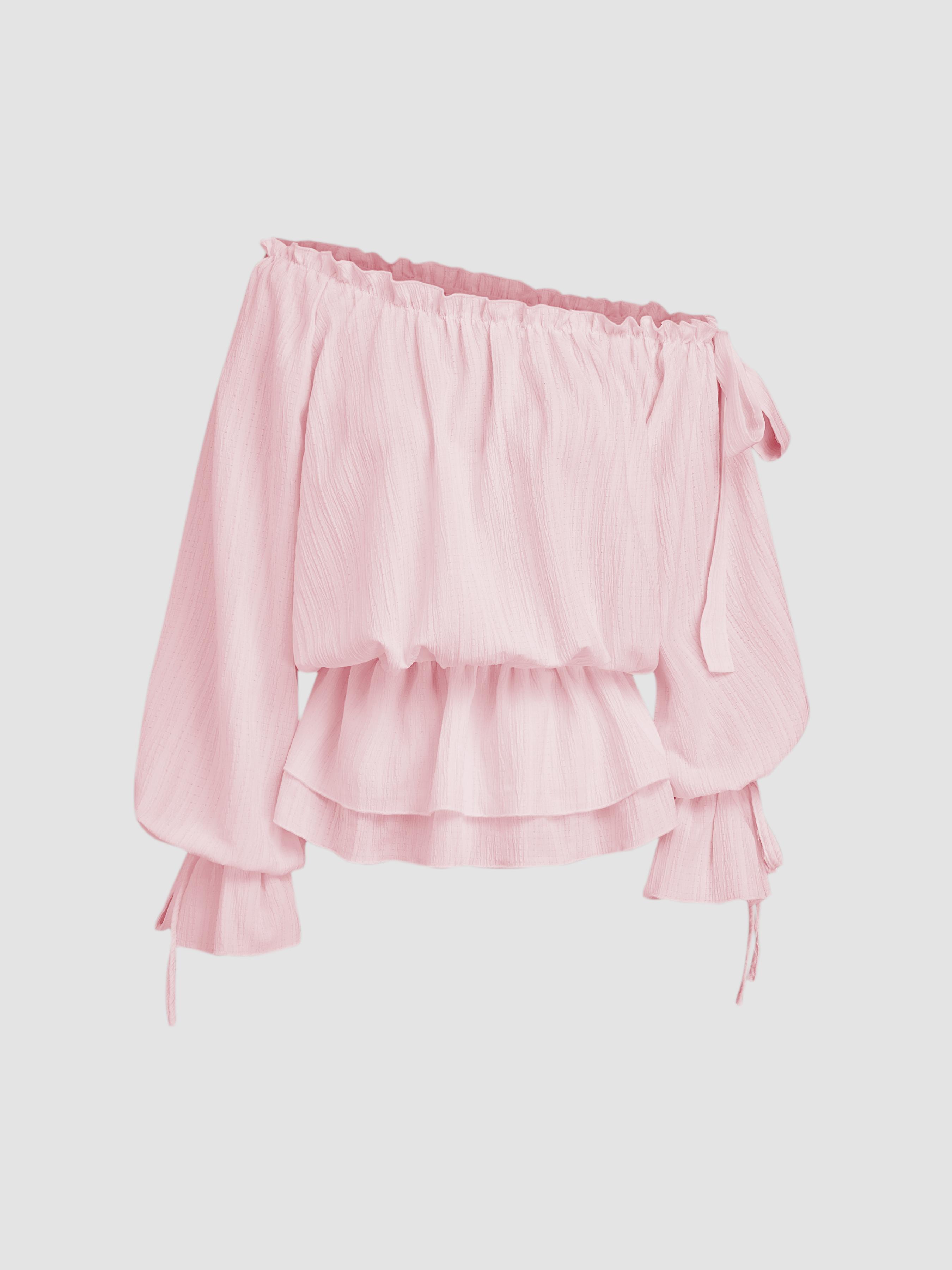 Asymmetrical Neck Lantern Sleeve Knotted Blouse by CIDER