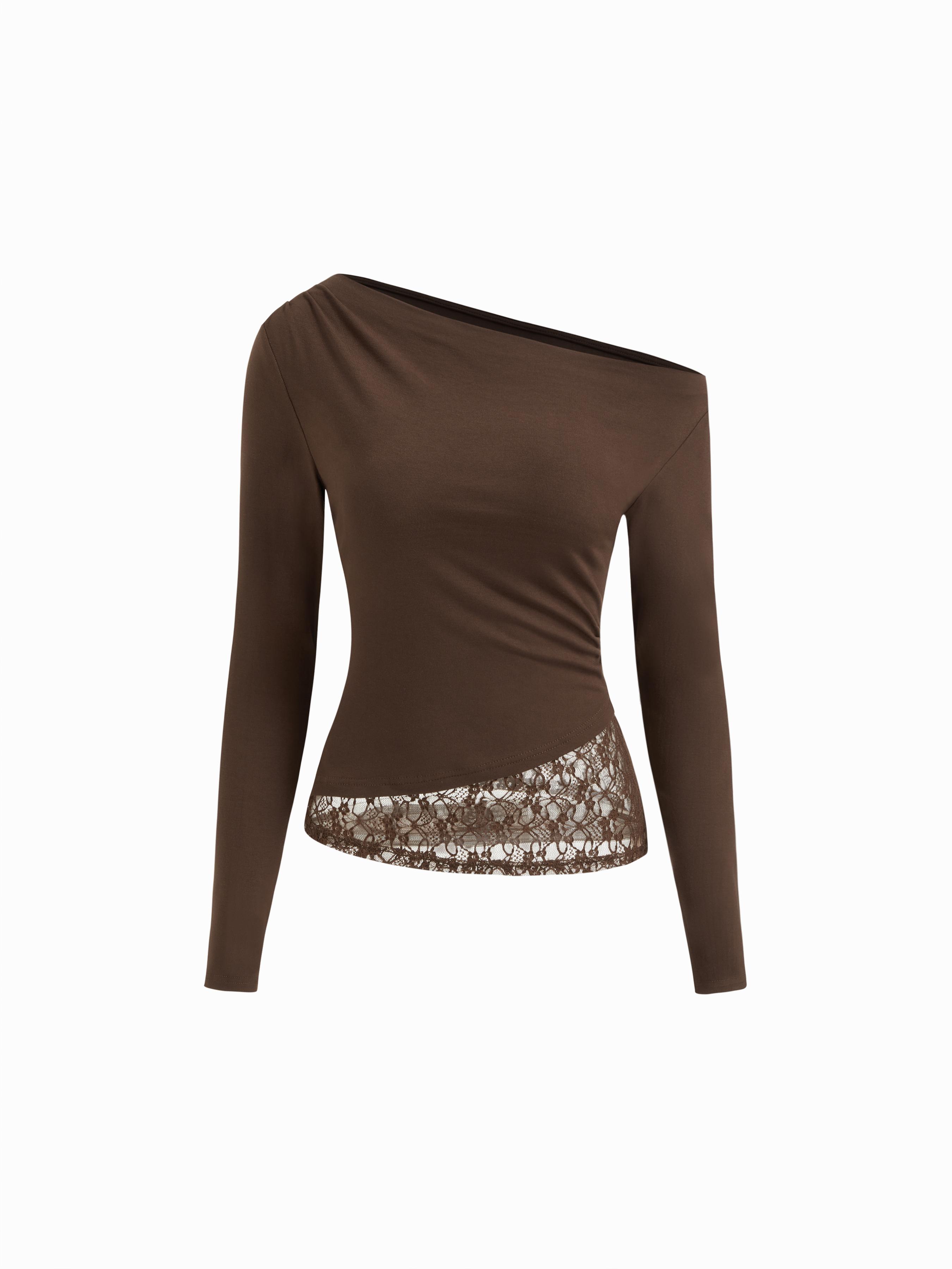 Asymmetrical Neck Long Sleeve Contrasting Lace Ruched Tee by CIDER