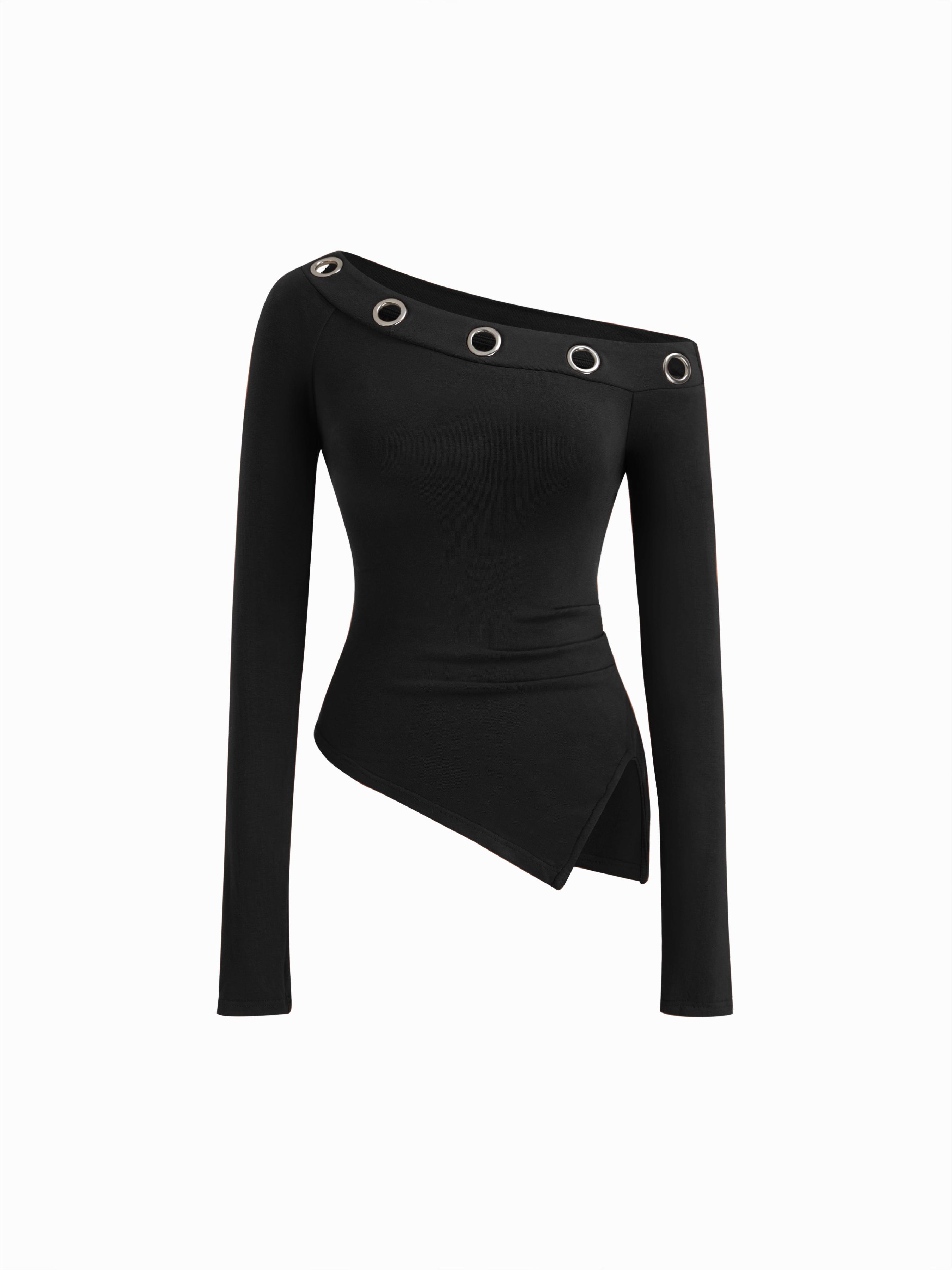 Asymmetrical Neck Long Sleeve Metal Detail Cut Out Ruched Split Top by CIDER Asymmetrical Neck Long Sleeve Metal Detail Cut Out Ruched Split Top by CIDER