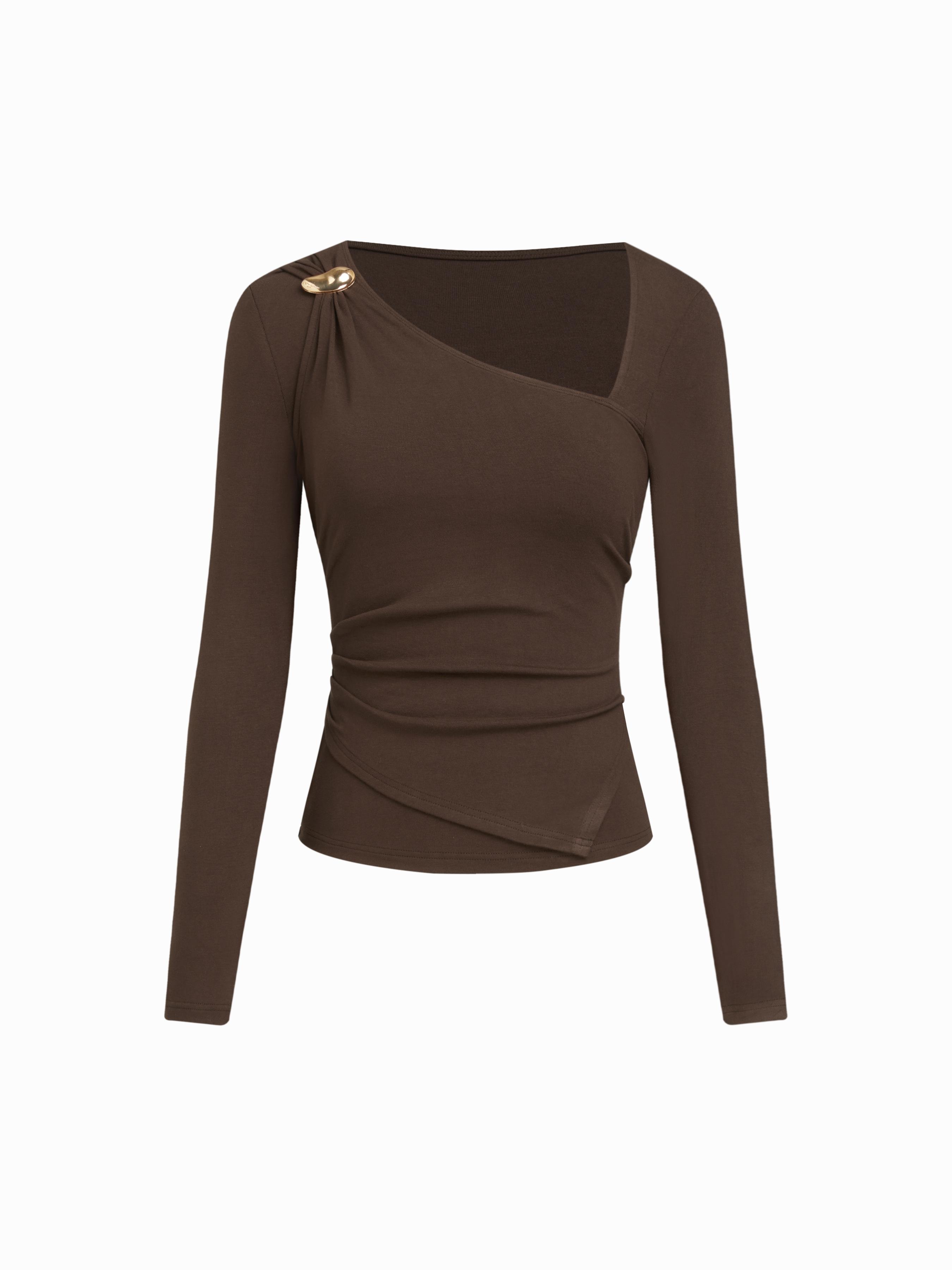 Asymmetrical Neck Long Sleeve Metal Detail Ruched Top by CIDER