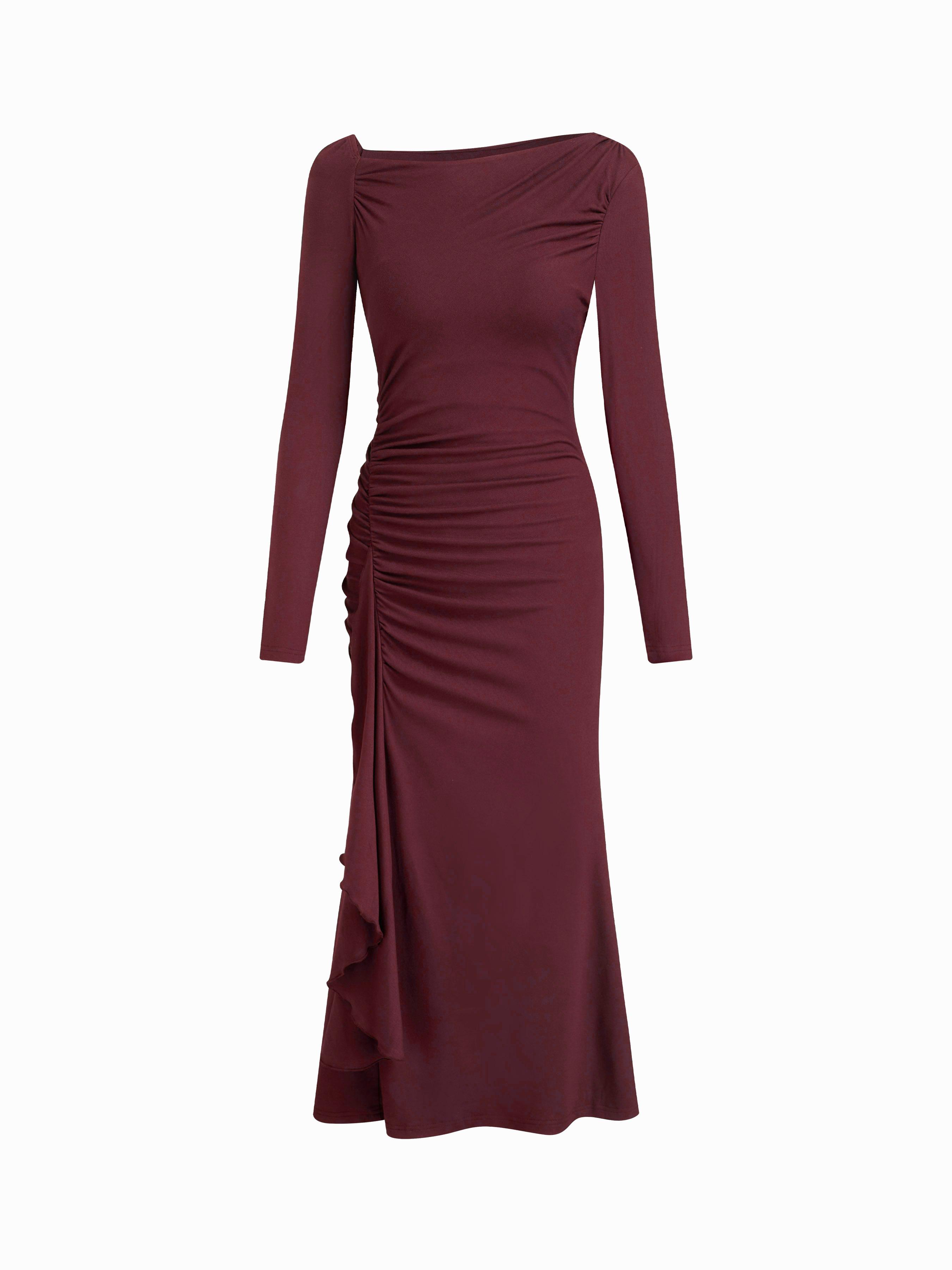 Asymmetrical Neck Long Sleeve Ruched Draped Maxi Dress by CIDER