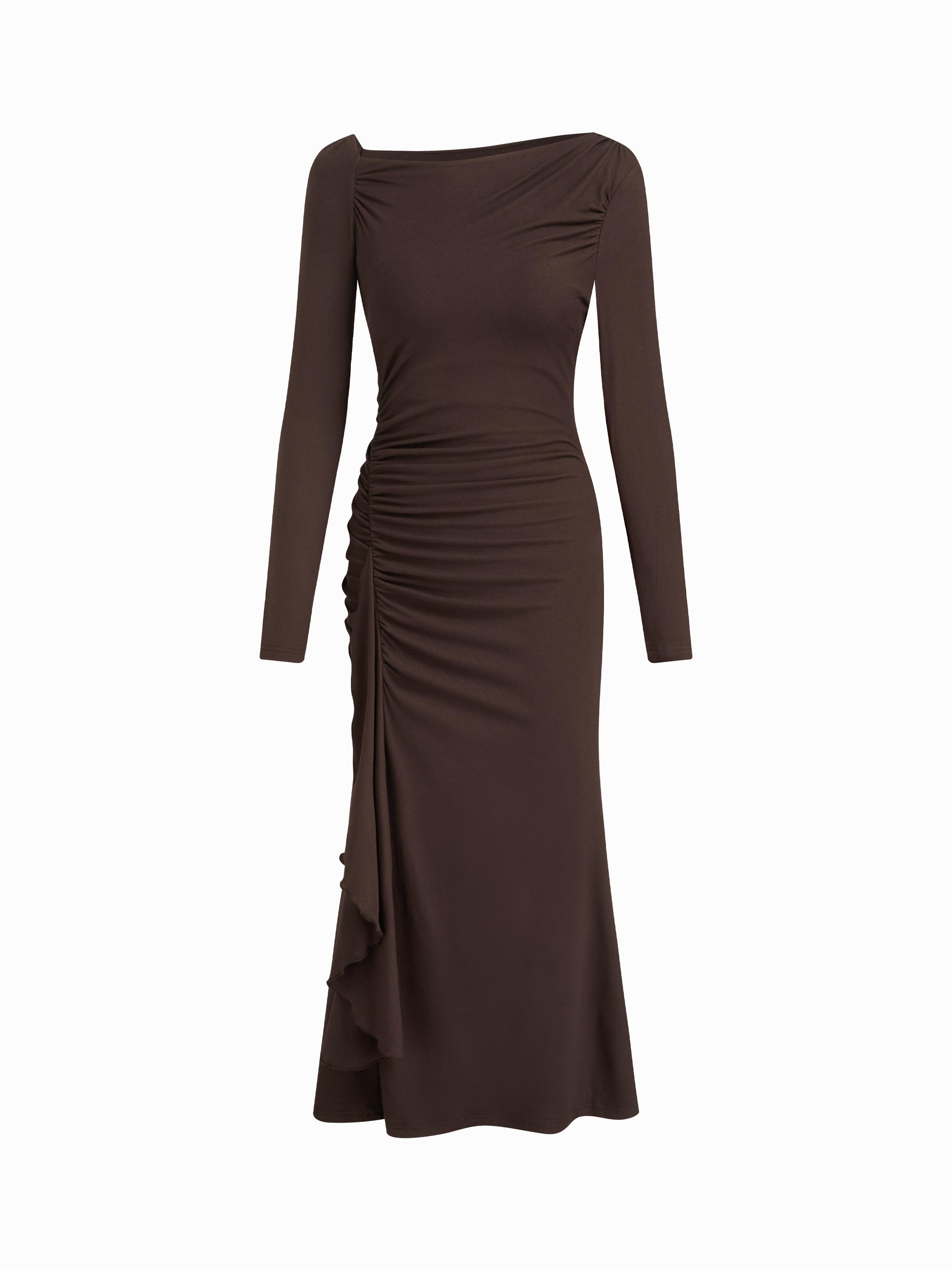 Asymmetrical Neck Long Sleeve Ruched Draped Maxi Dress by CIDER