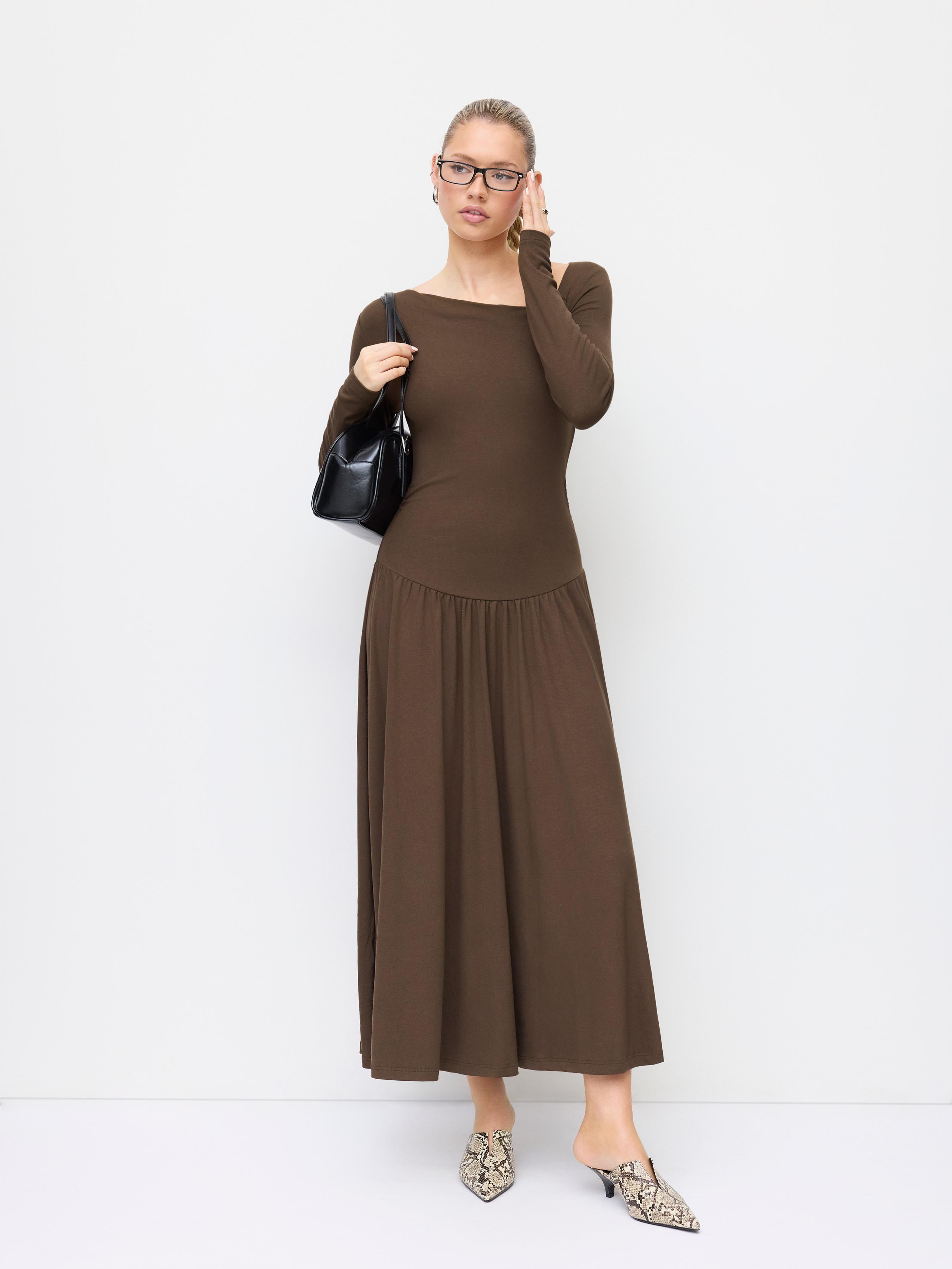 Asymmetrical Neck Long Sleeve Ruched Maxi Dress by CIDER