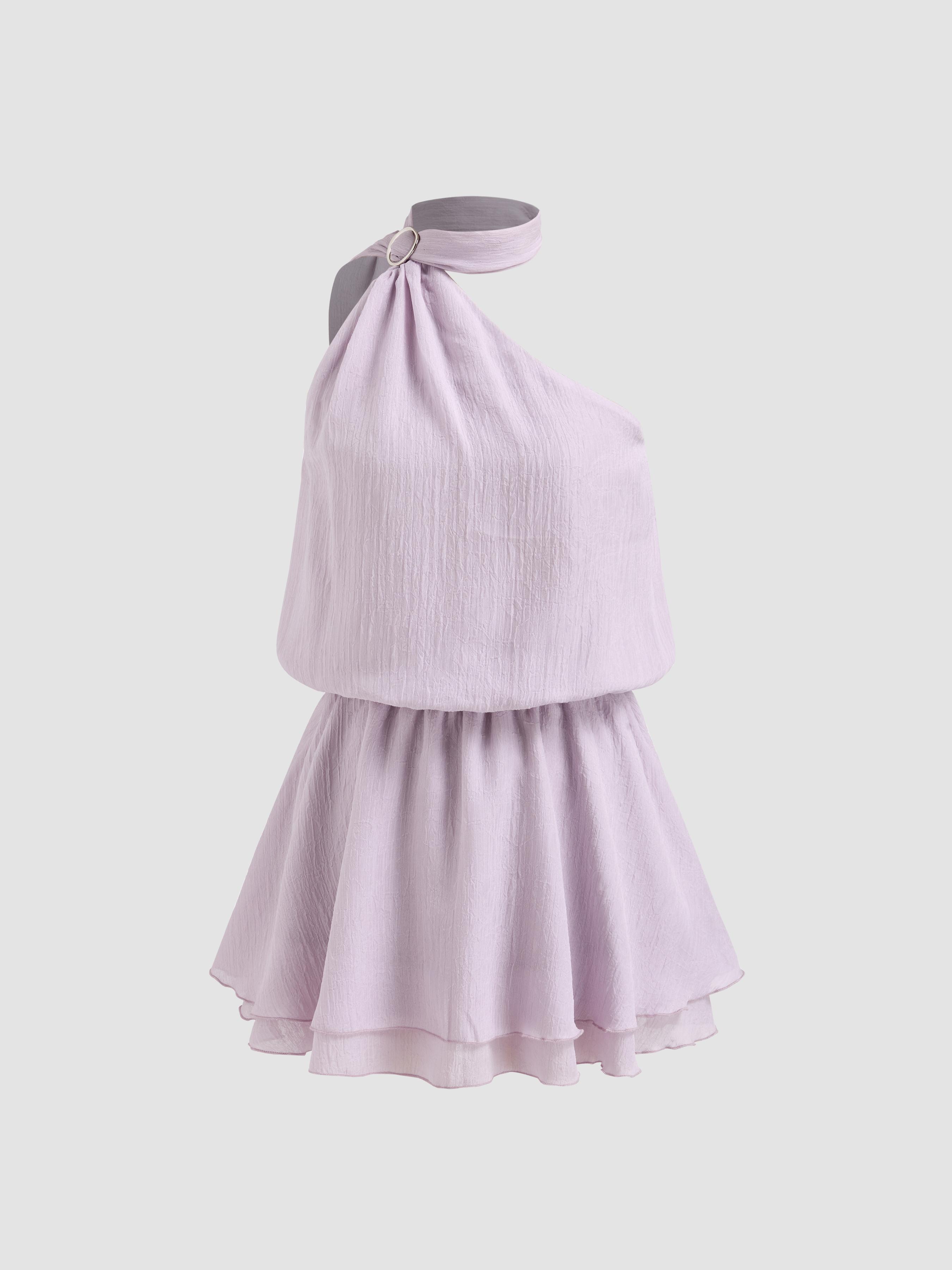 Asymmetrical Neck Mental Detail Belted Layered Mini Dress With Scarf by CIDER