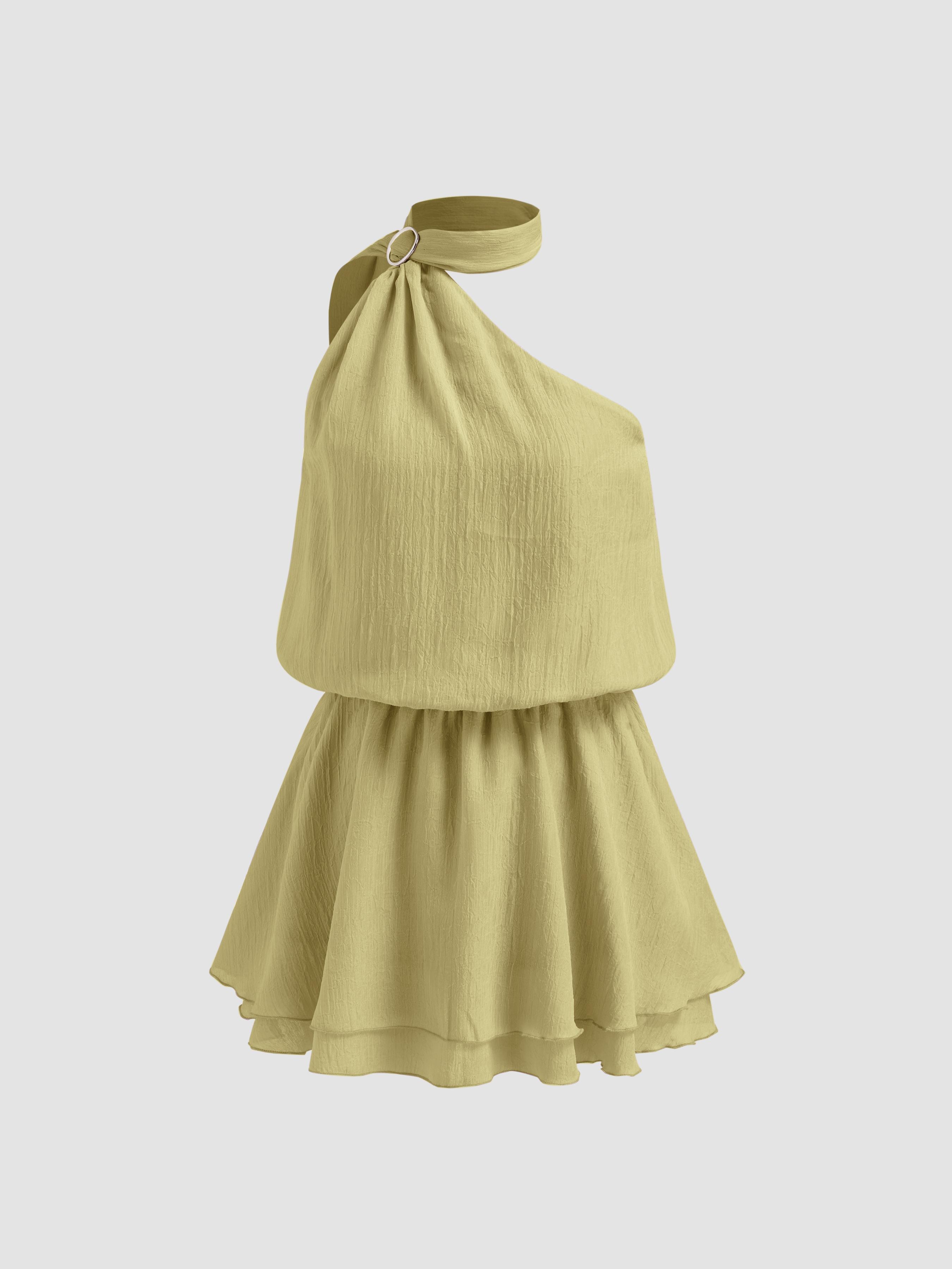 Asymmetrical Neck Mental Detail Belted Layered Mini Dress With Scarf by CIDER