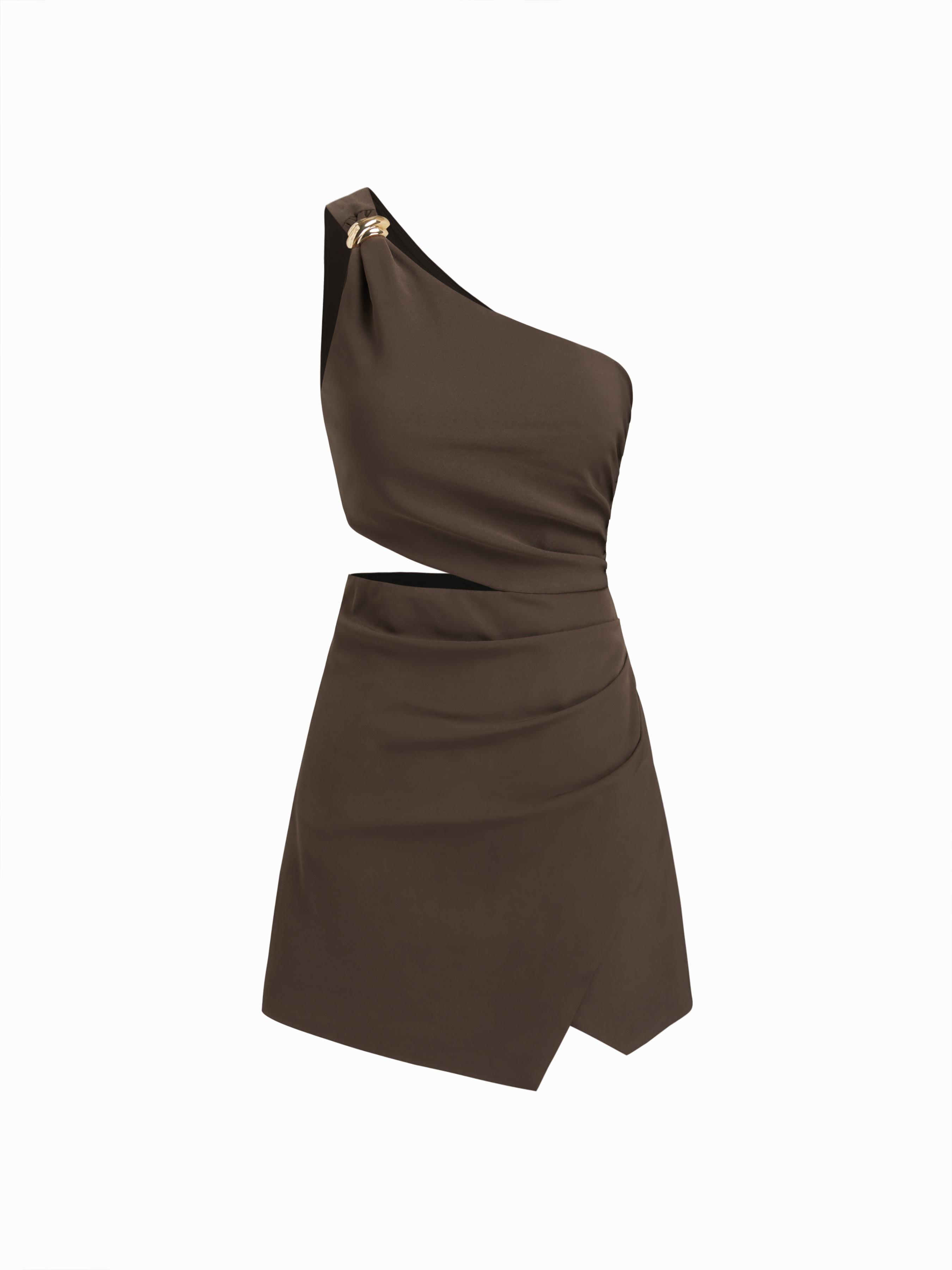 Asymmetrical Neck Metal Detail Cut Out Ruched Mini Dress by CIDER