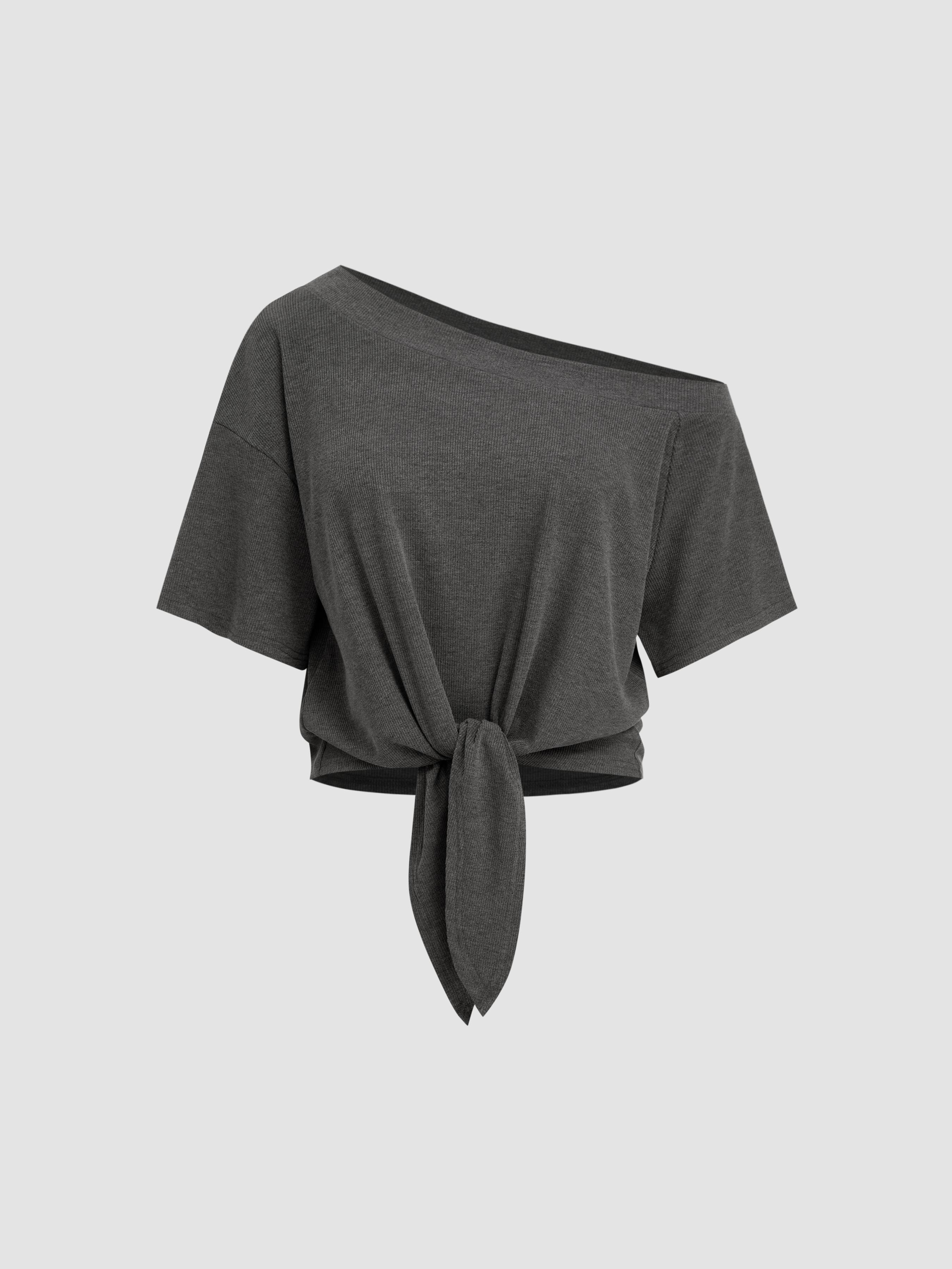 Asymmetrical Neck Off-shoulder Knotted Oversized Tee by CIDER