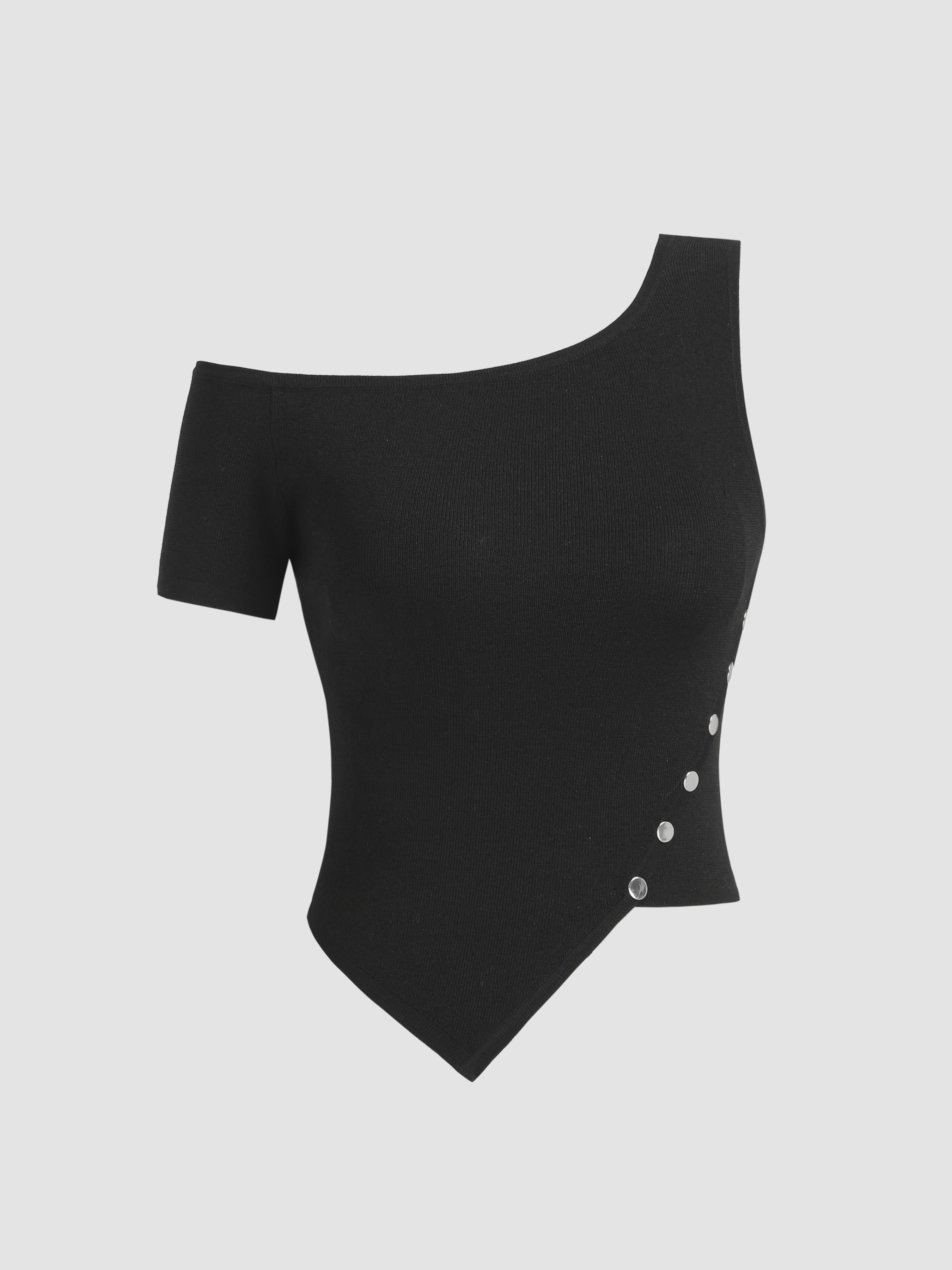Asymmetrical Neck Rivet Solid Knitted Crop Top by CIDER
