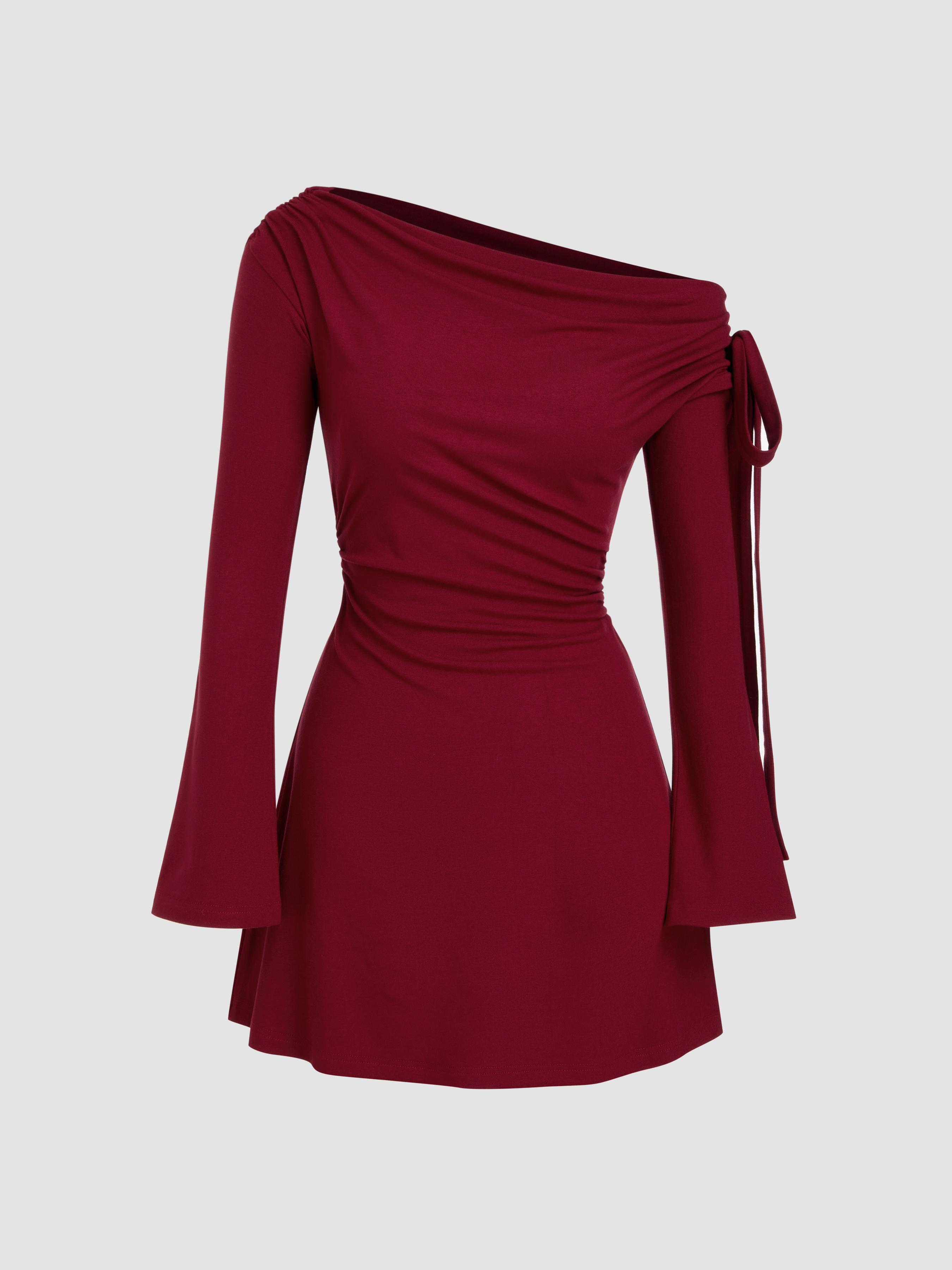 Asymmetrical Neck Ruched Knotted Mini Dress by CIDER