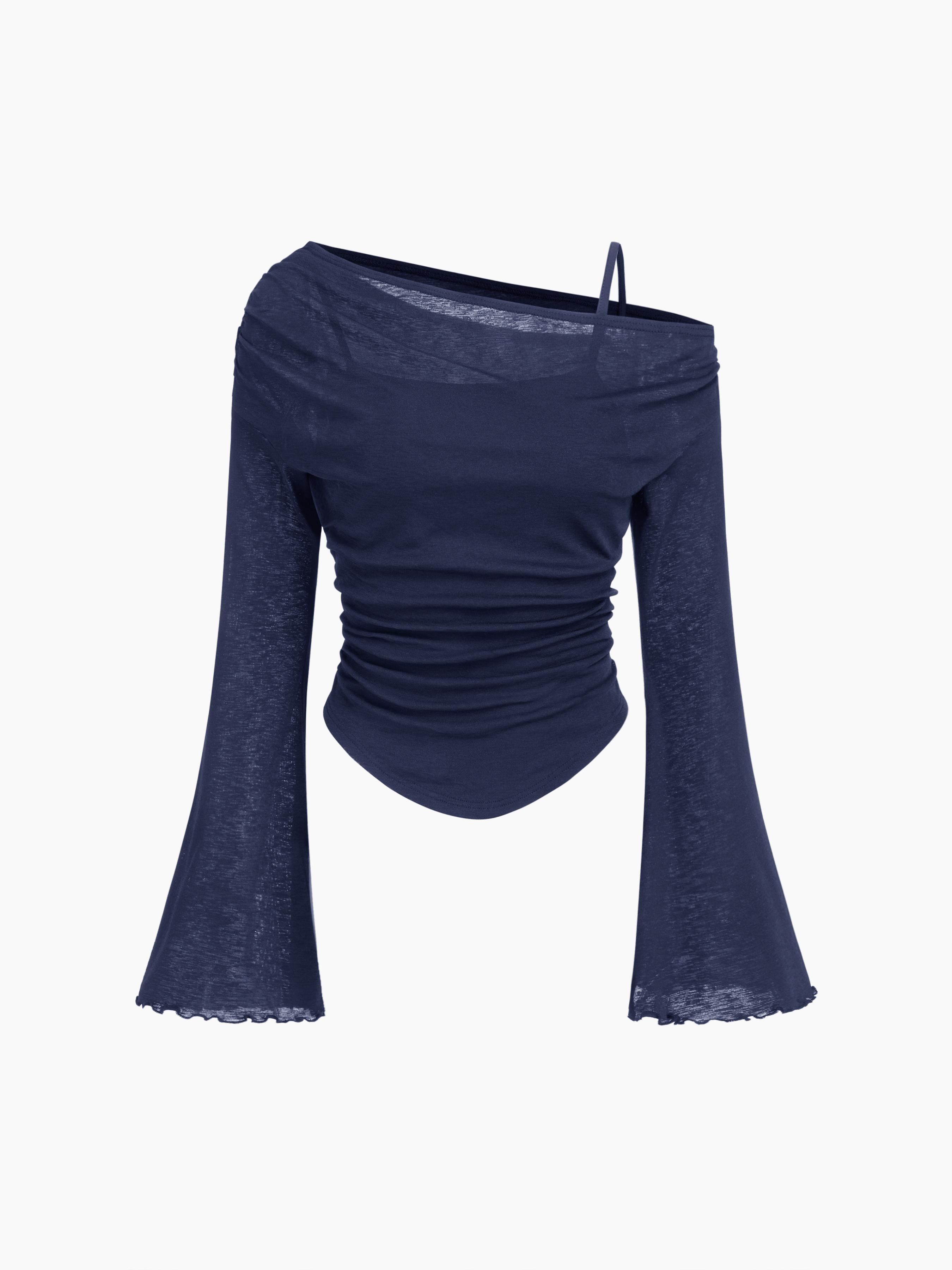Asymmetrical Neck Ruched Lettuce Trim Tee by CIDER