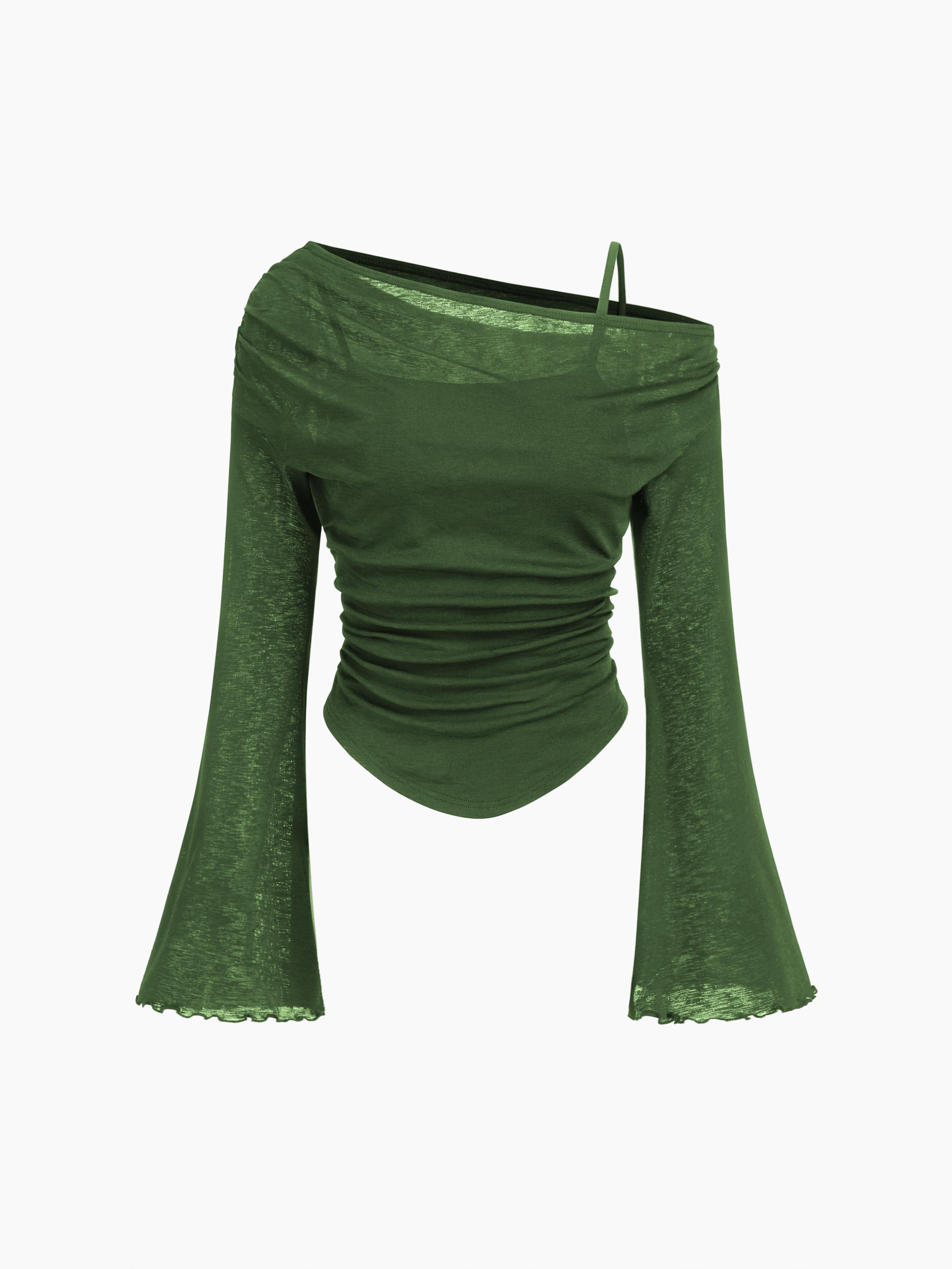 Asymmetrical Neck Ruched Lettuce Trim Tee by CIDER