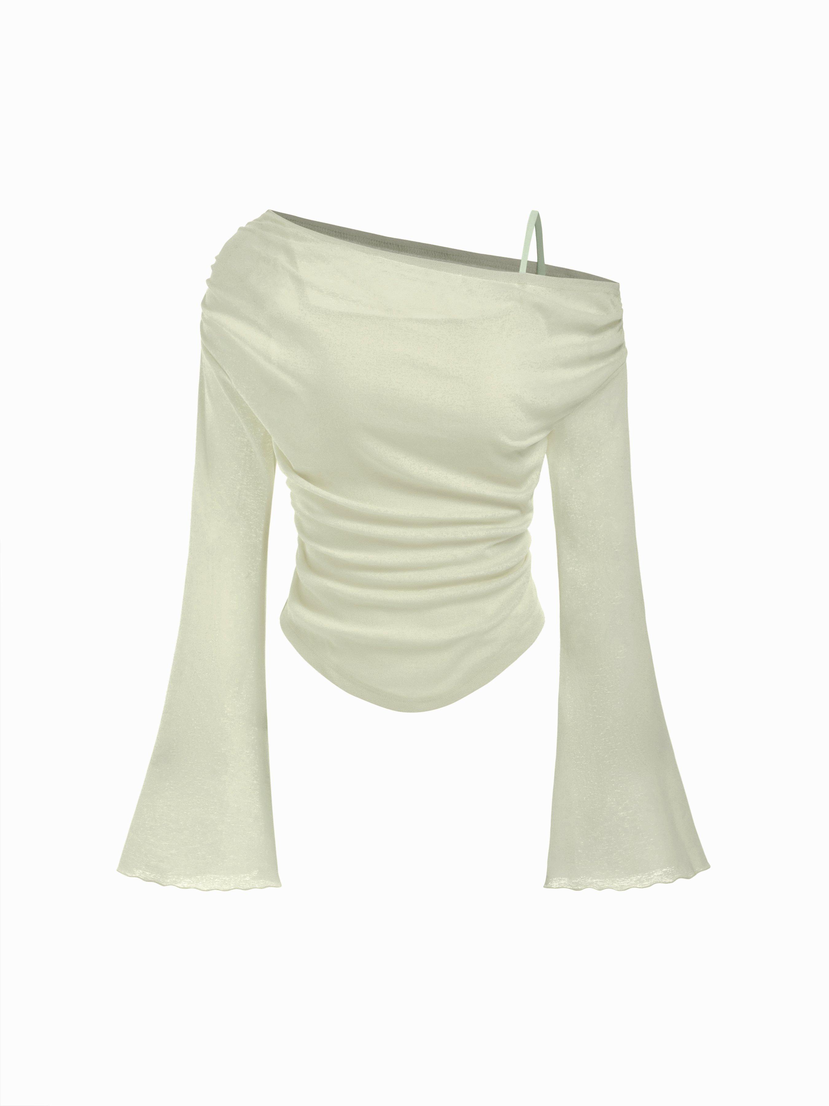 Asymmetrical Neck Ruched Lettuce Trim Tee by CIDER