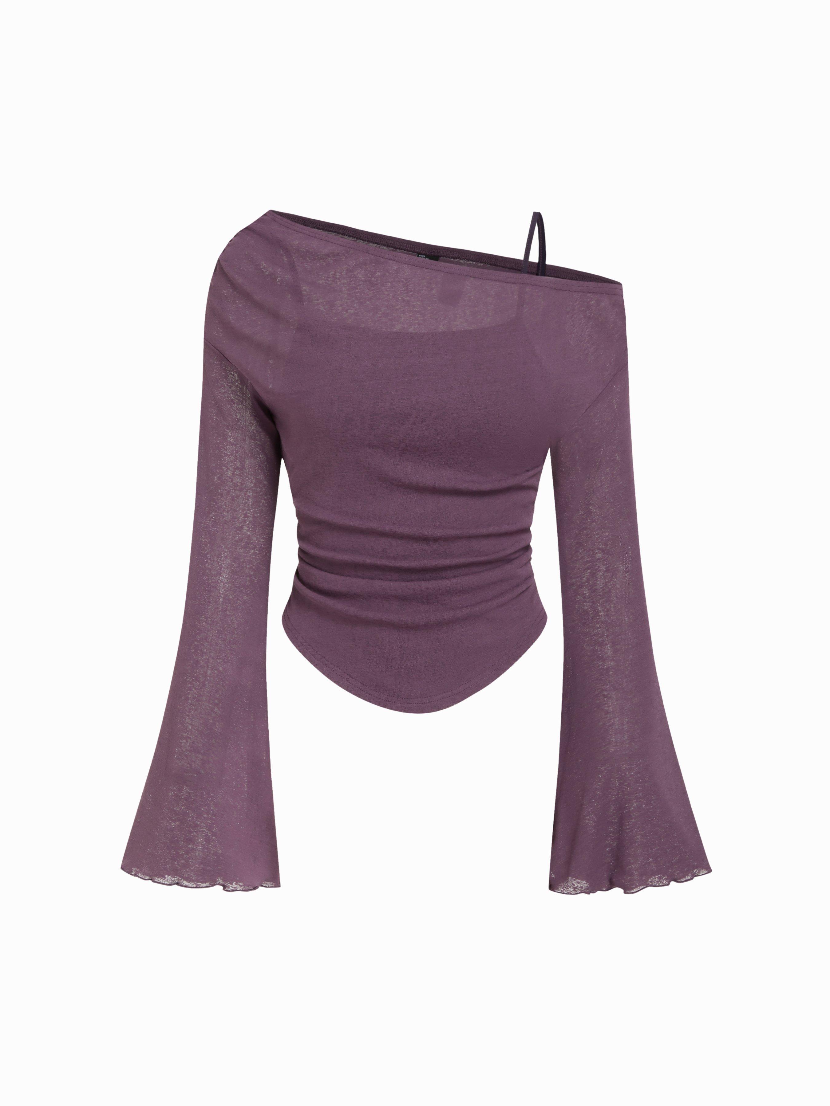 Asymmetrical Neck Ruched Lettuce Trim Tee by CIDER