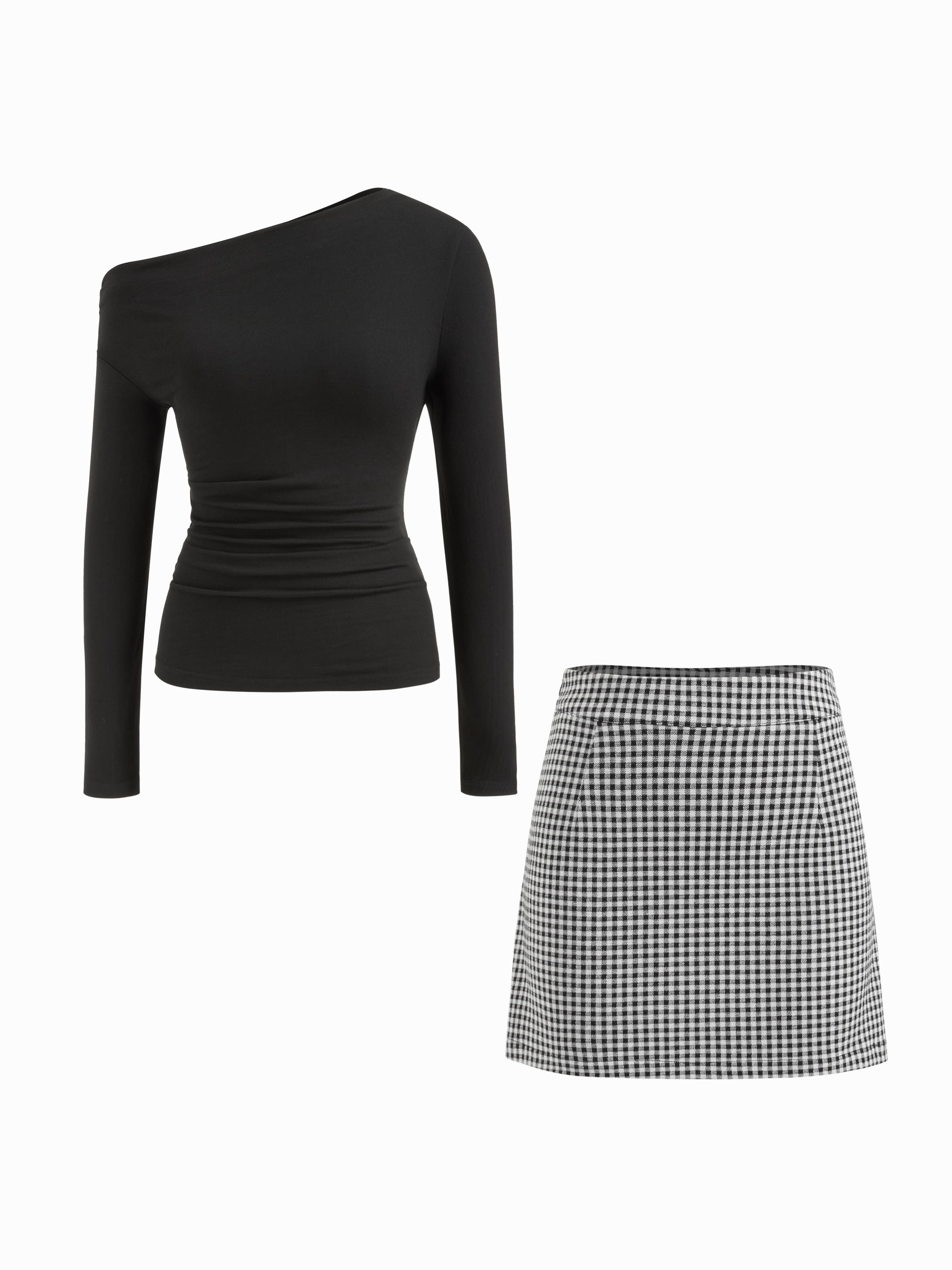 Asymmetrical Neck Ruched Long Sleeve Top & Mid Rise Gingham A-line Mini Skirt Set by CIDER