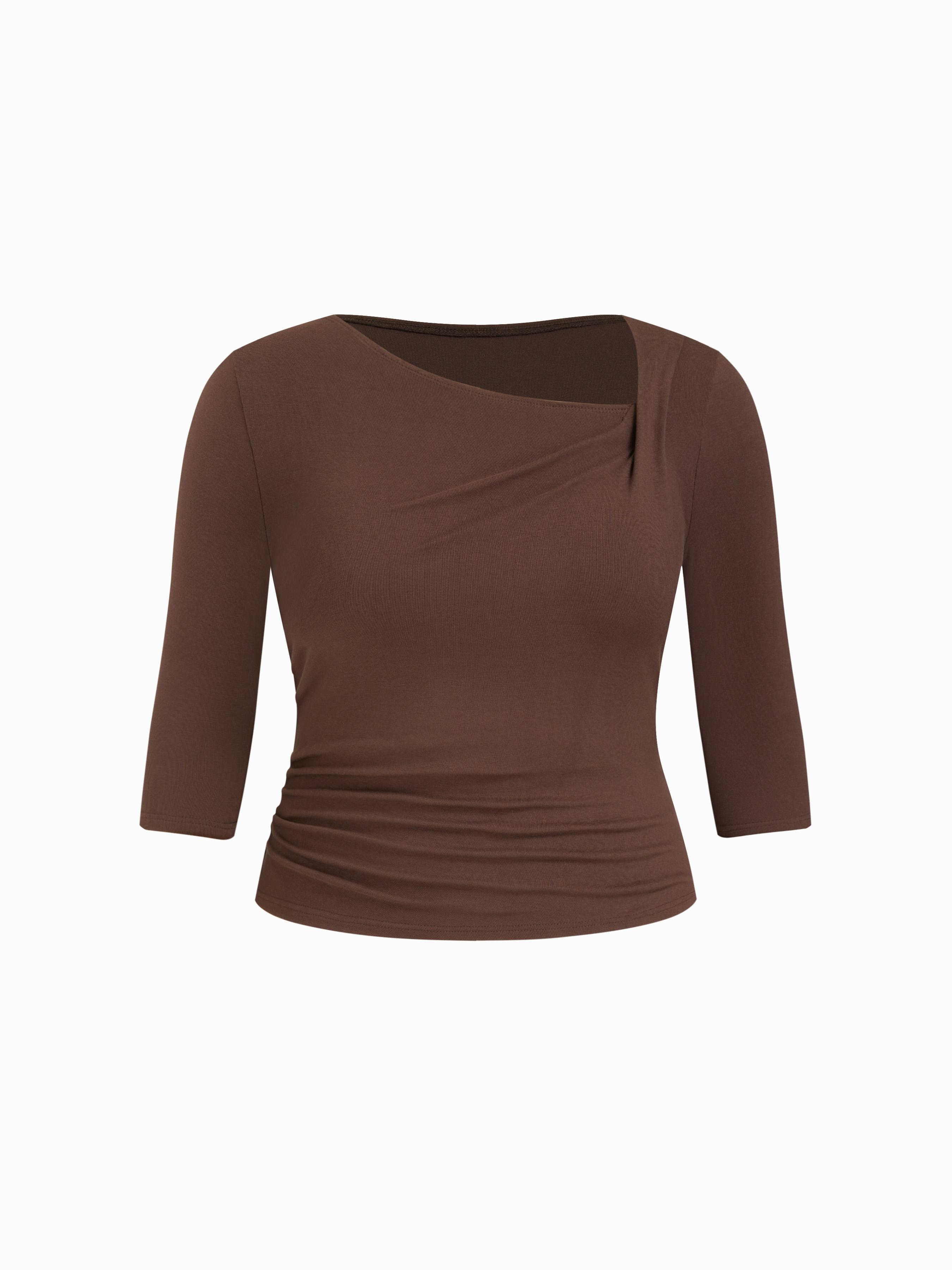 Asymmetrical Neck Ruched Middle Sleeve Tee Curve & Plus by CIDER