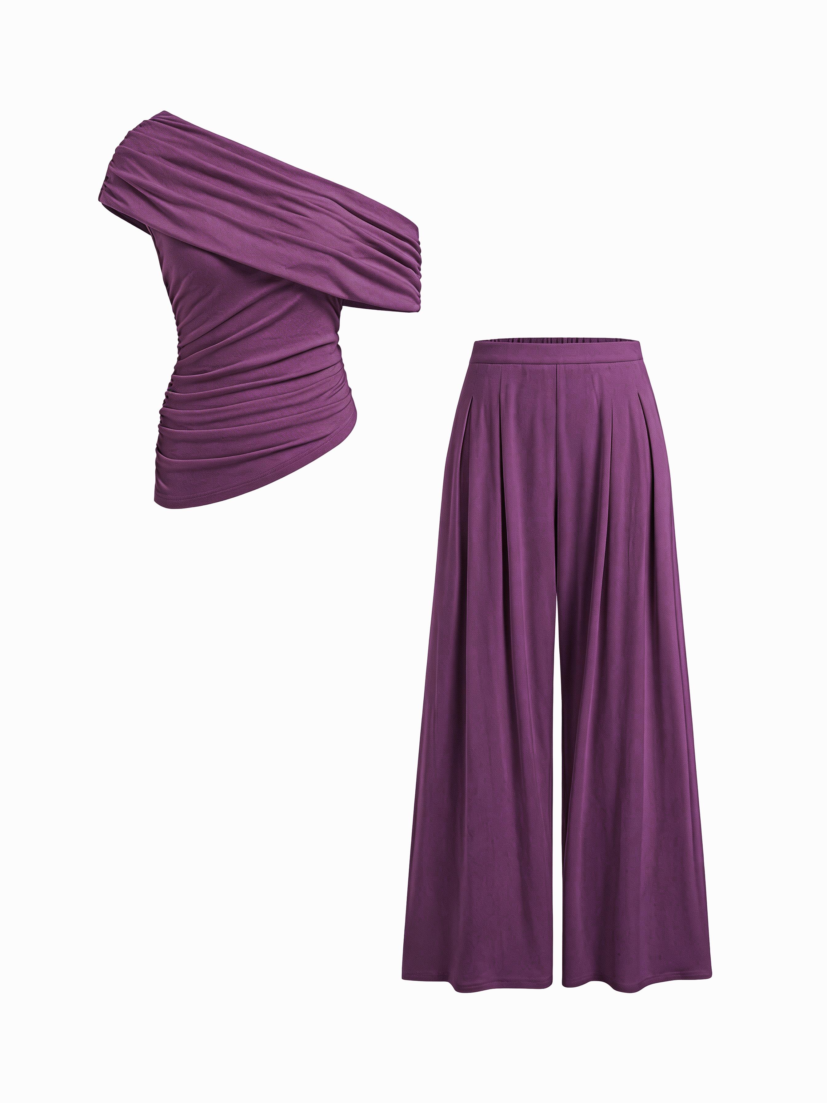 Asymmetrical Neck Ruched Top & Mid Rise Wide Leg Trousers Set by CIDER