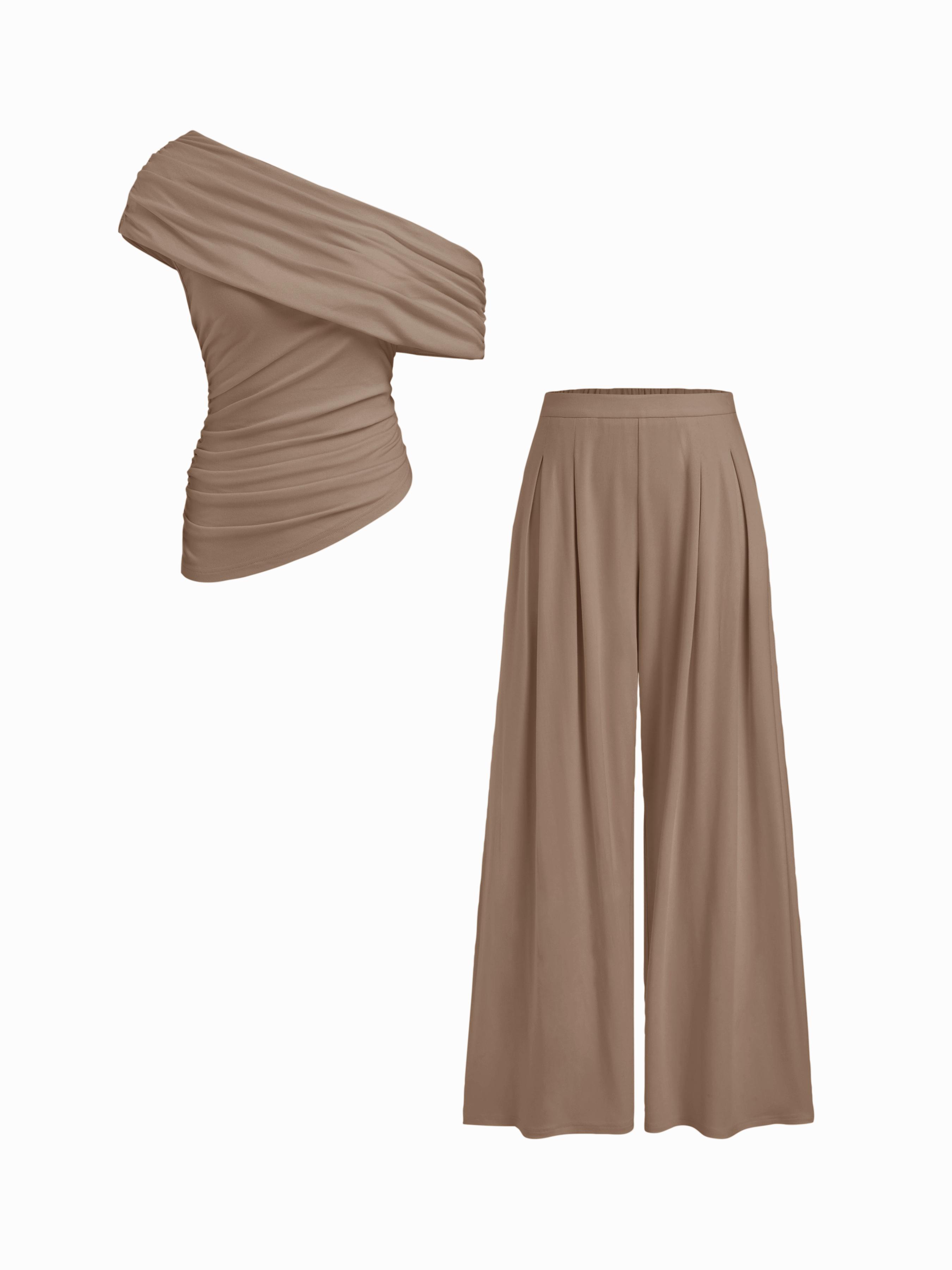 Asymmetrical Neck Ruched Top & Mid Rise Wide Leg Trousers Set by CIDER