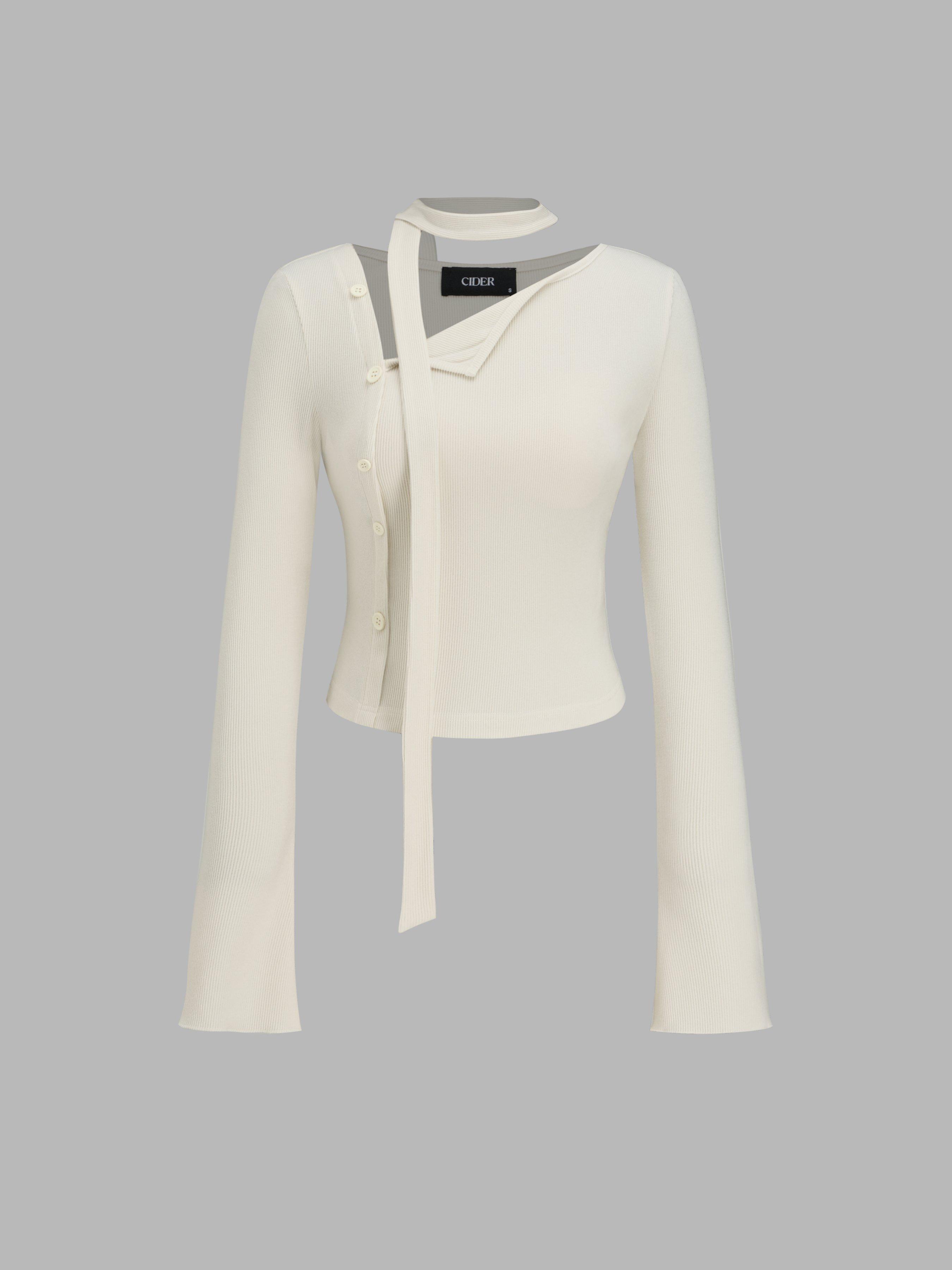 Asymmetrical Neck Solid Button Long Sleeve Top With Scarf by CIDER