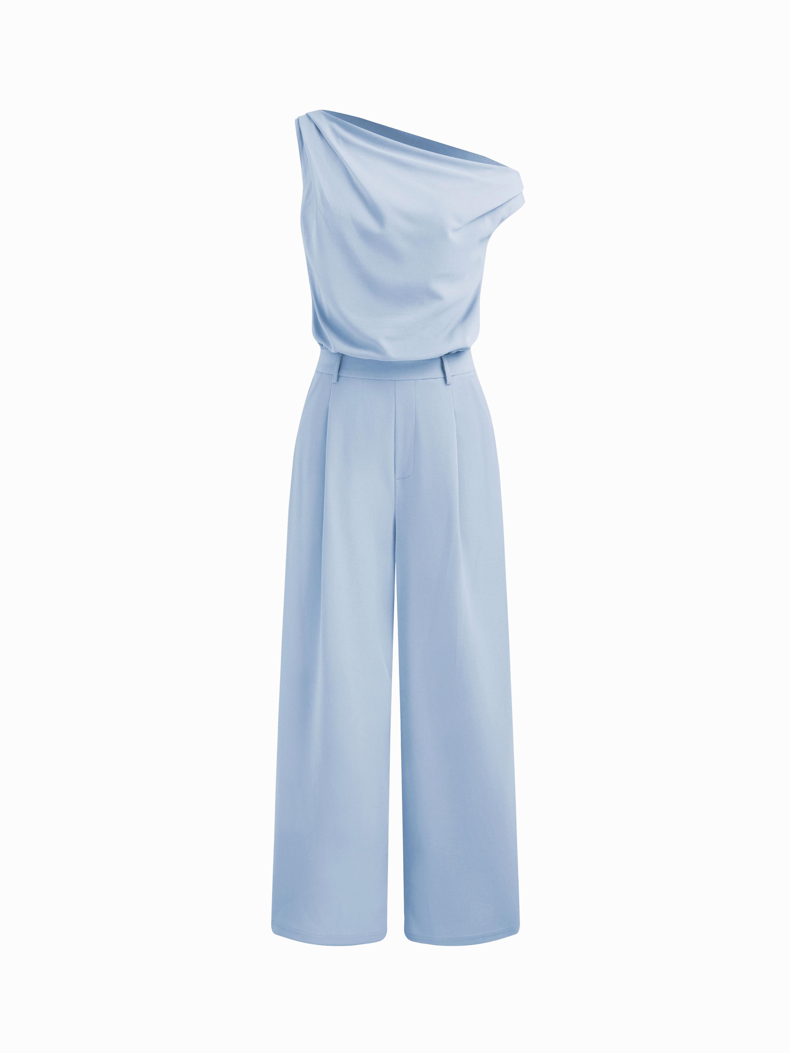Asymmetrical Neck Solid Pocket Wide Leg Jumpsuit by CIDER