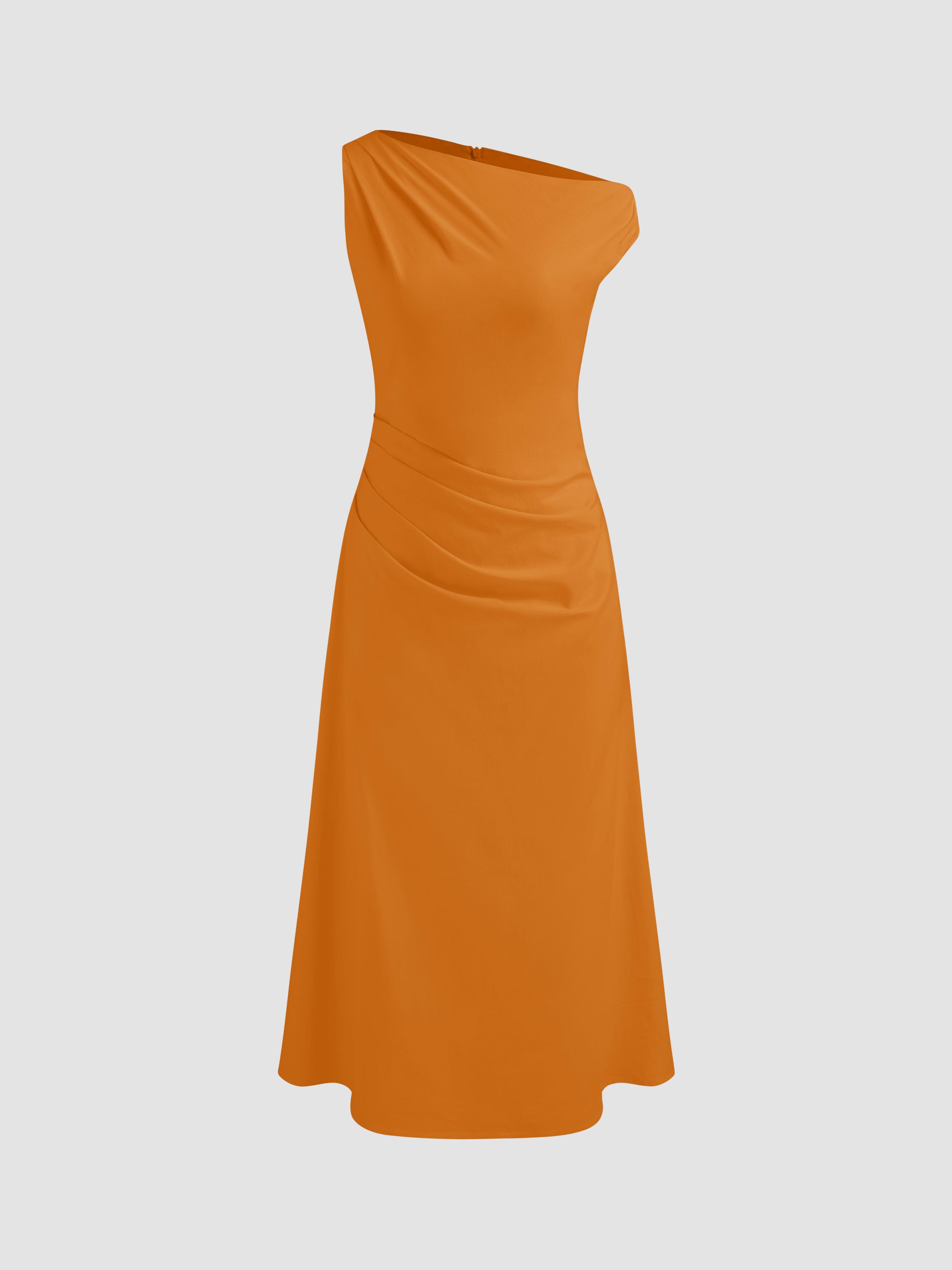 Asymmetrical Neck Solid Ruched Maxi Dress by CIDER
