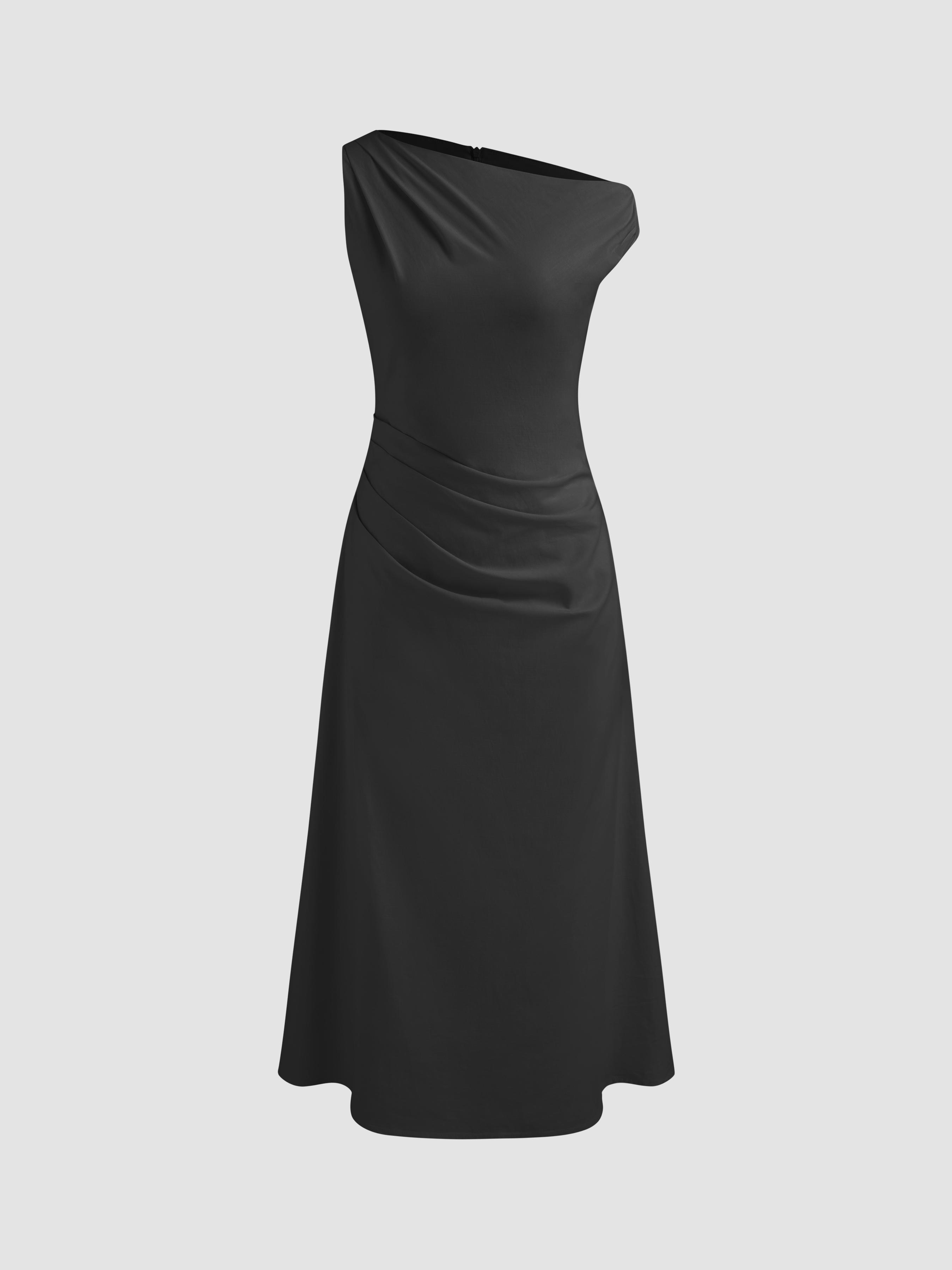 Asymmetrical Neck Solid Ruched Maxi Dress by CIDER