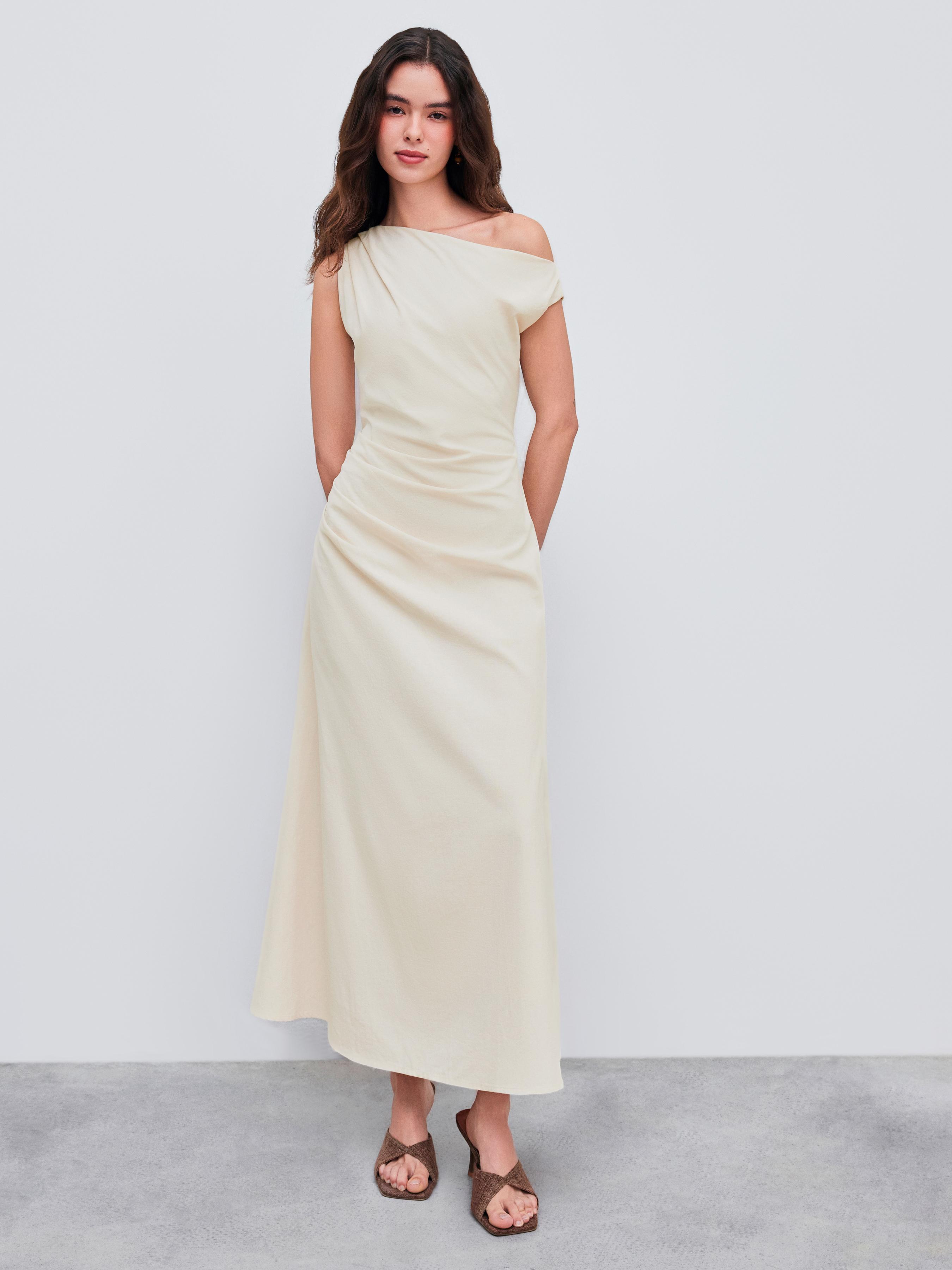 Asymmetrical Neck Solid Ruched Maxi Dress by CIDER