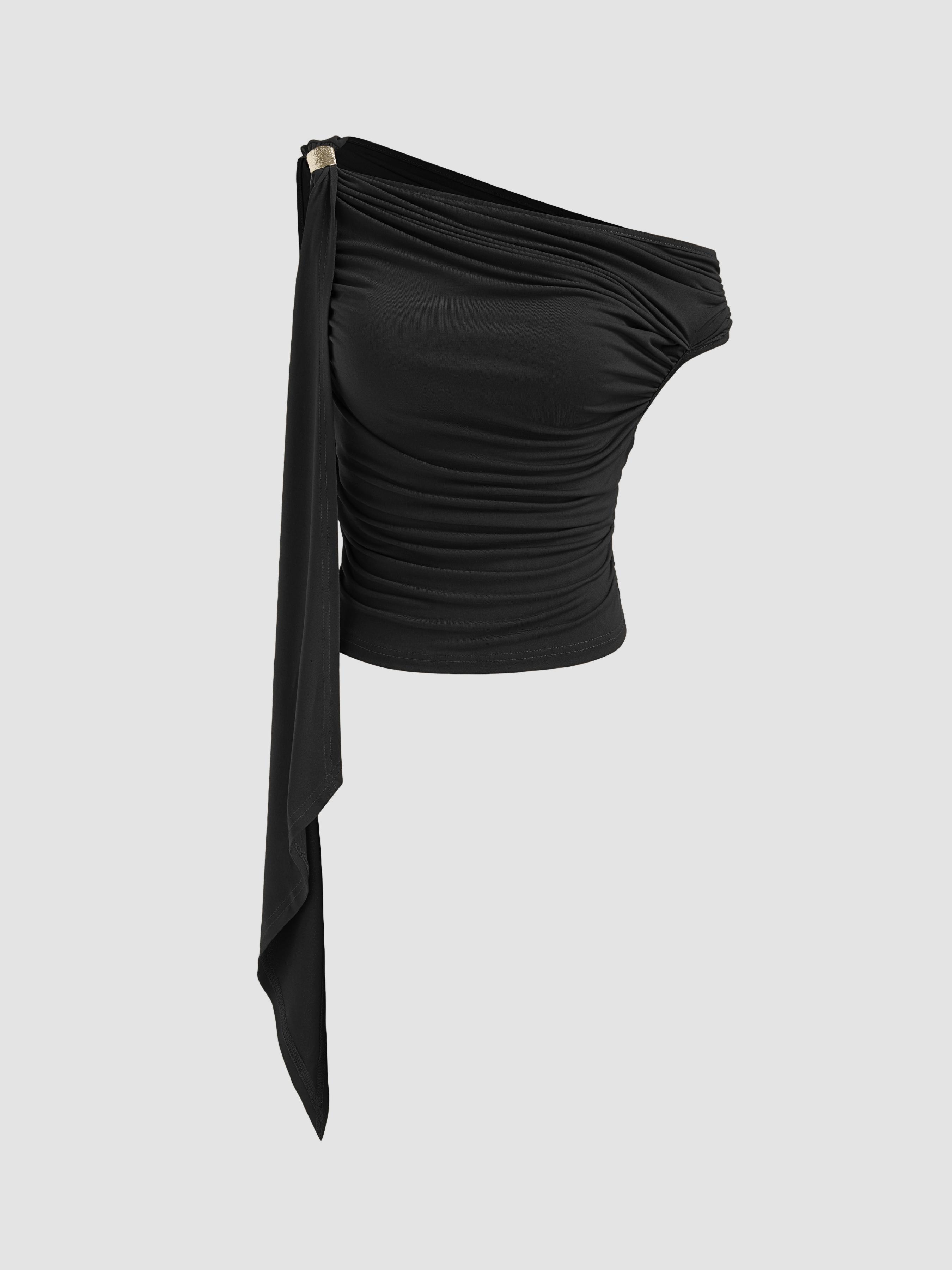 Asymmetrical Neck Solid Ruched Ruffle Hem Crop Top by CIDER