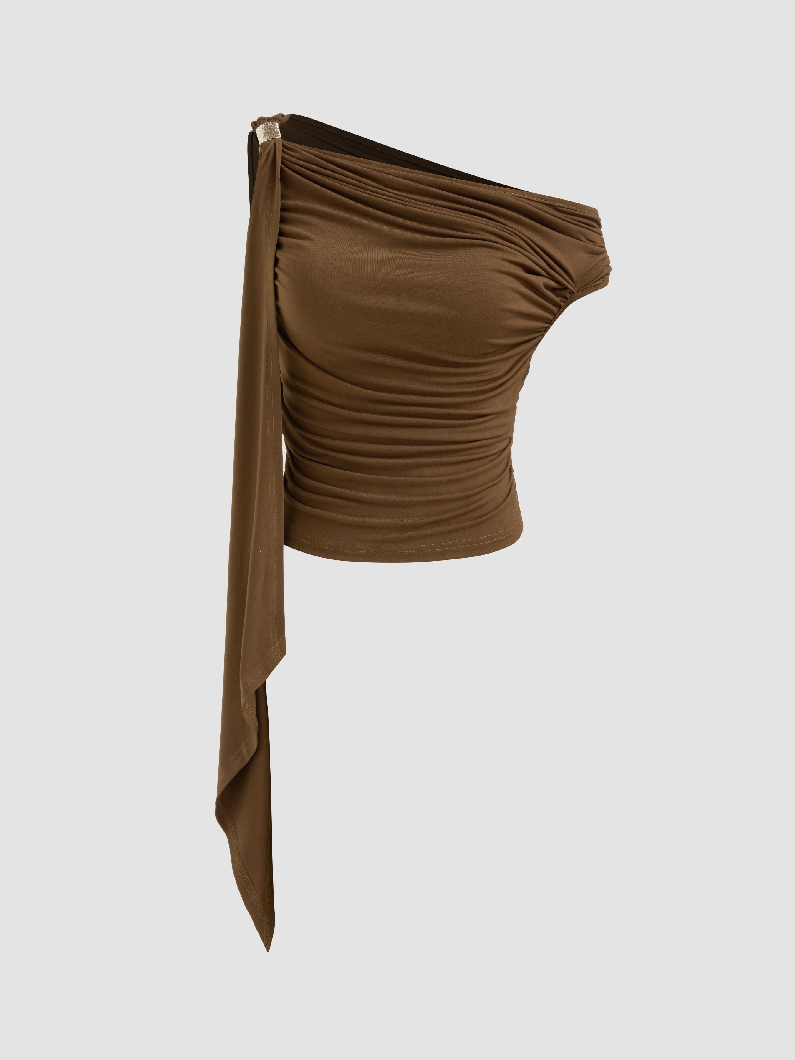Asymmetrical Neck Solid Ruched Ruffle Hem Crop Top by CIDER
