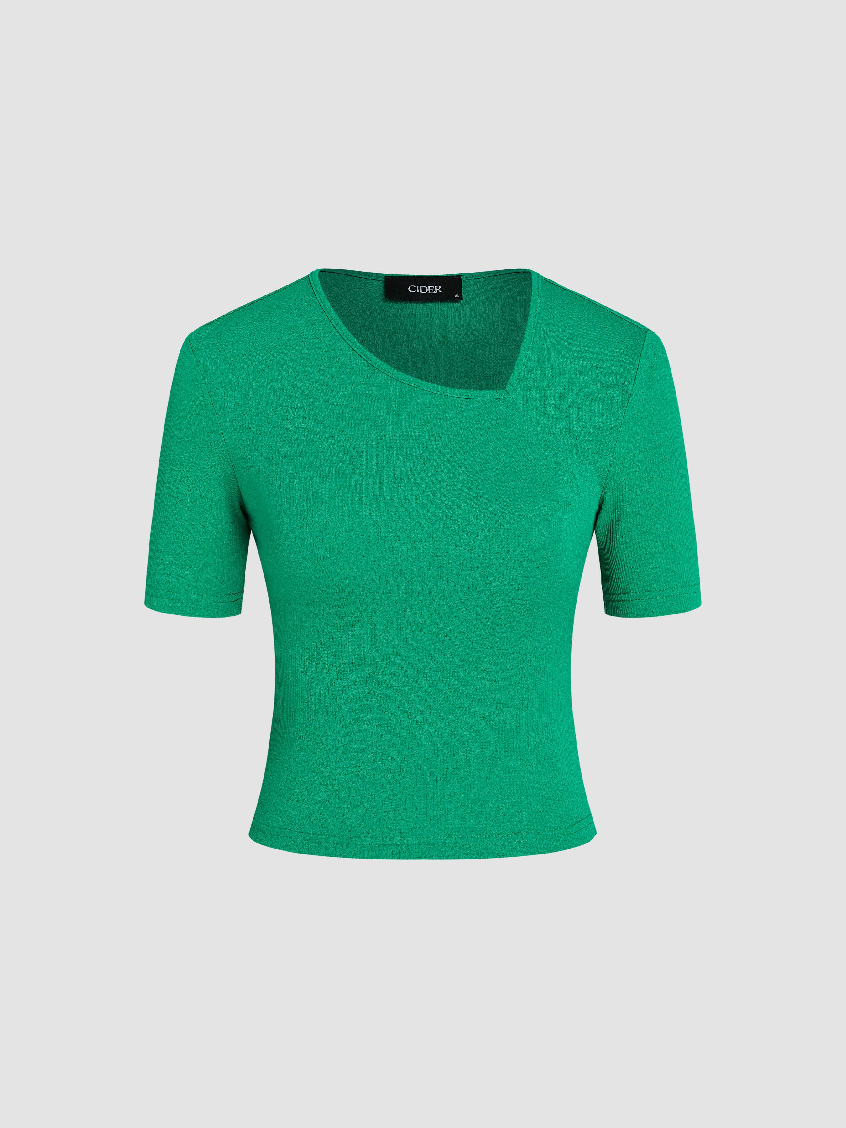 Asymmetrical Neck Solid Short Sleeve Knitted Tee by CIDER