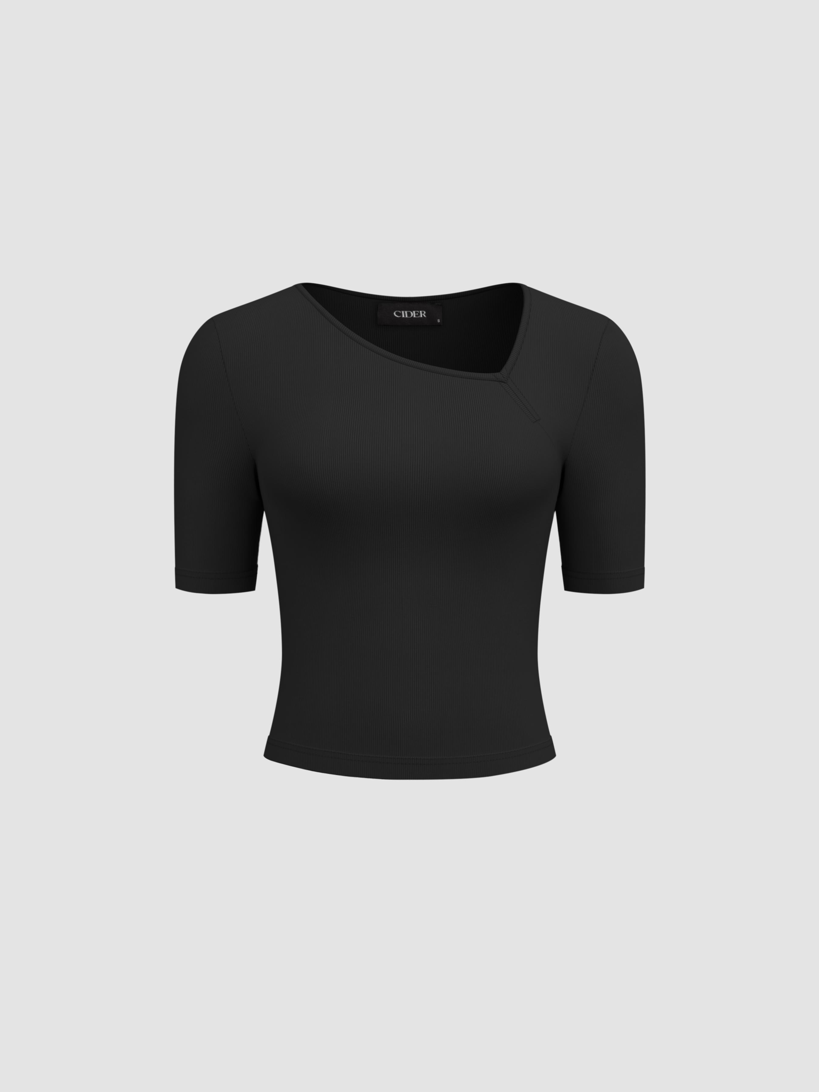 Asymmetrical Neck Solid Short Sleeve Knitted Tee by CIDER
