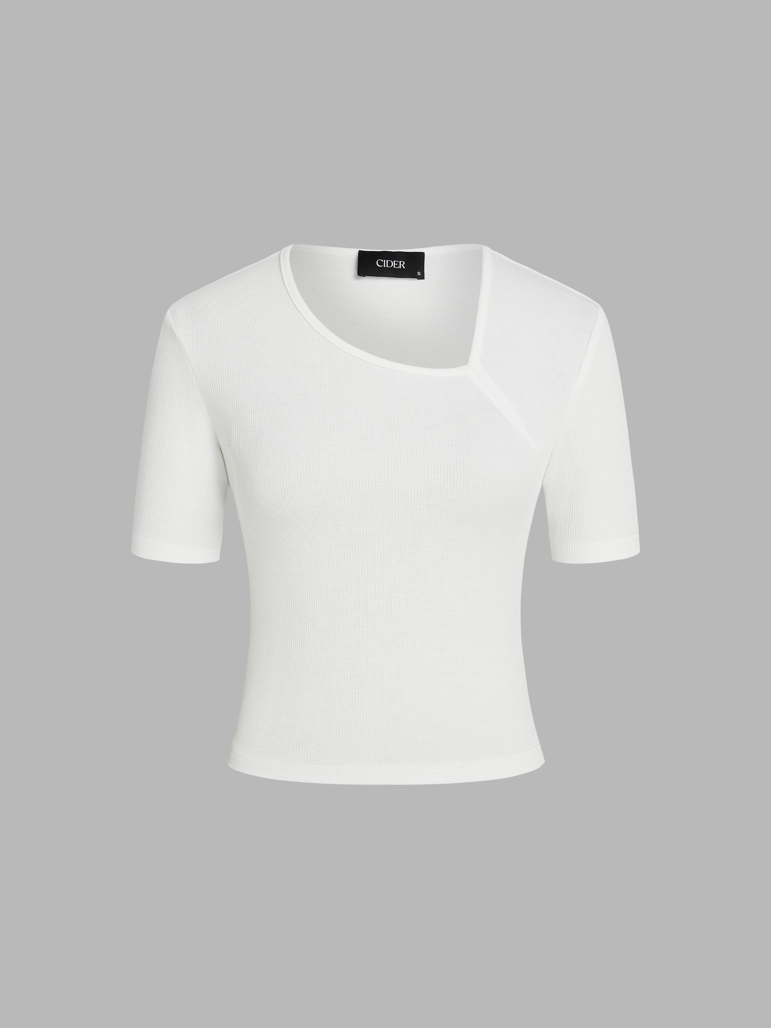 Asymmetrical Neck Solid Short Sleeve Knitted Tee by CIDER