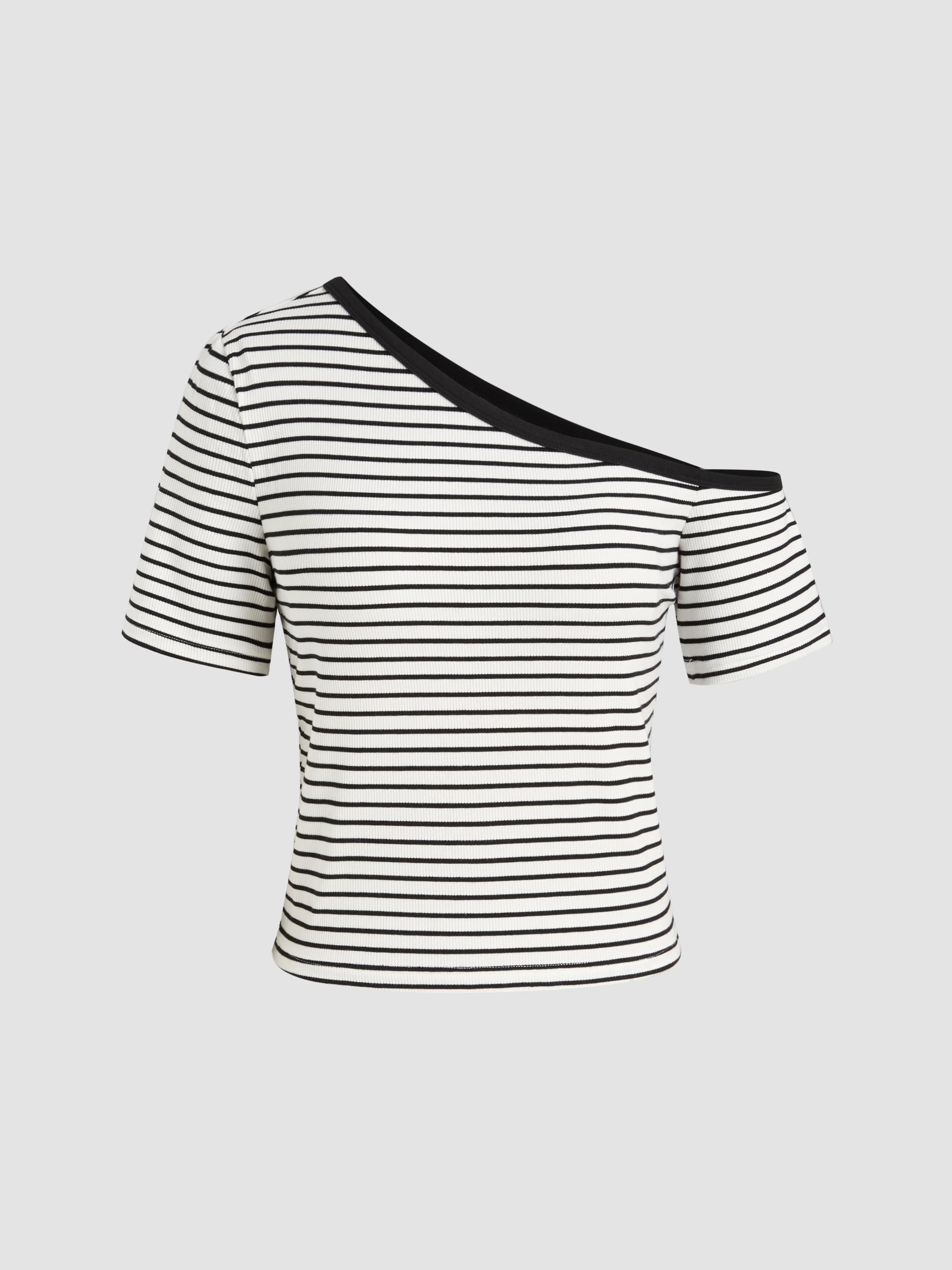 Asymmetrical Neck Stripe Contrasting Binding Short Sleeve Top by CIDER