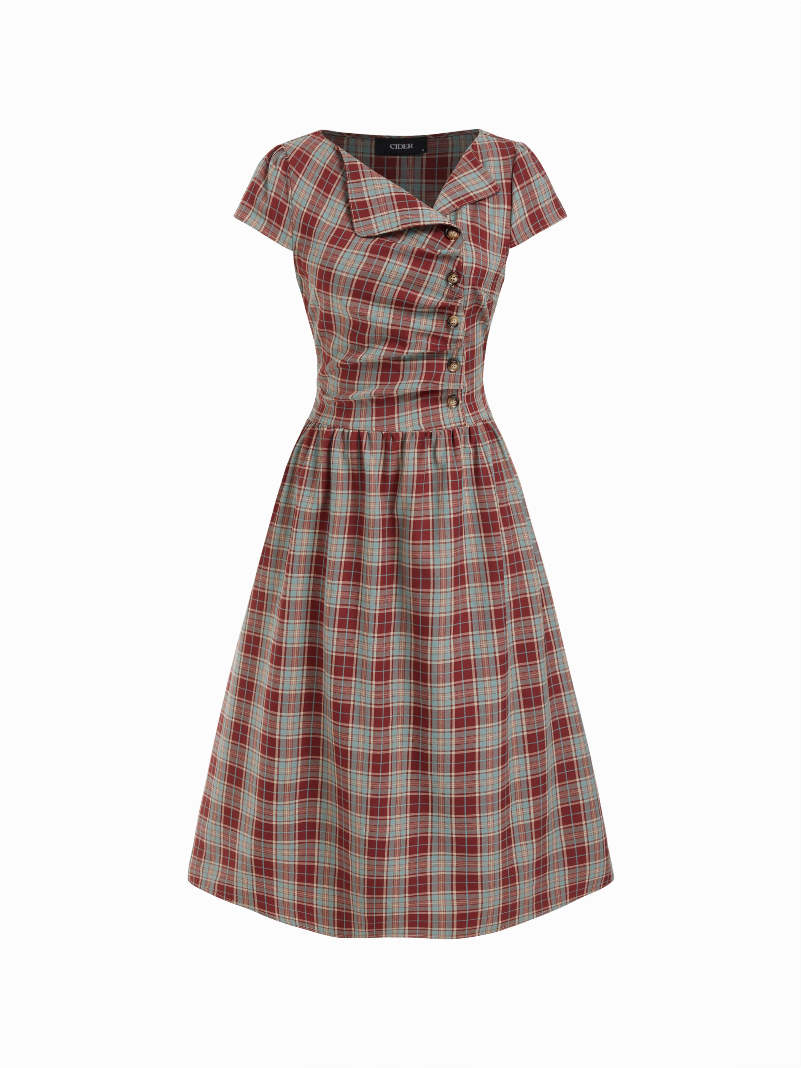 Asymmetrical Neck Tartan Ruched Tie Back Midi Flared Dress by CIDER