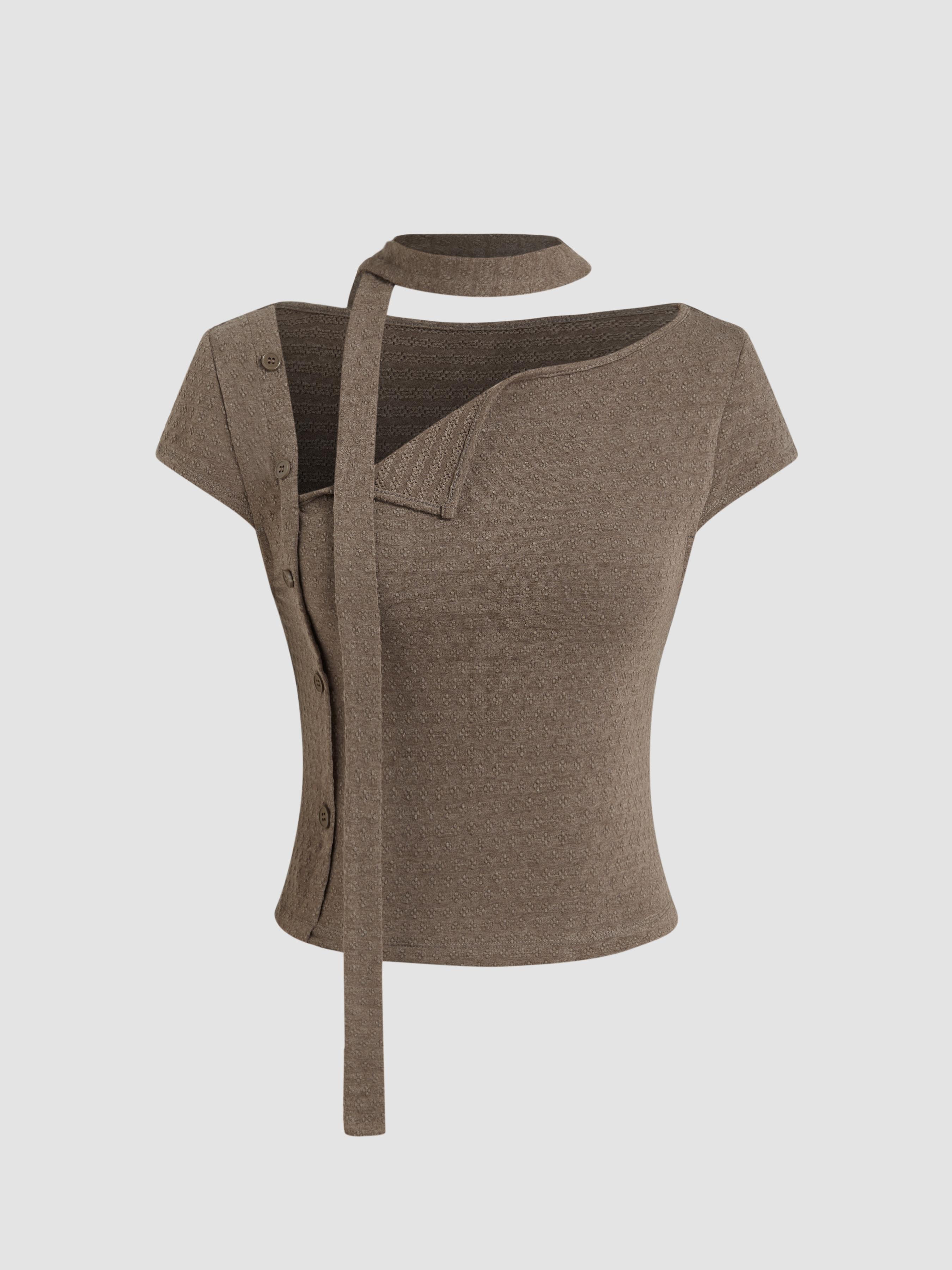 Asymmetrical Neck Texture Button Up Top With Scarf by CIDER