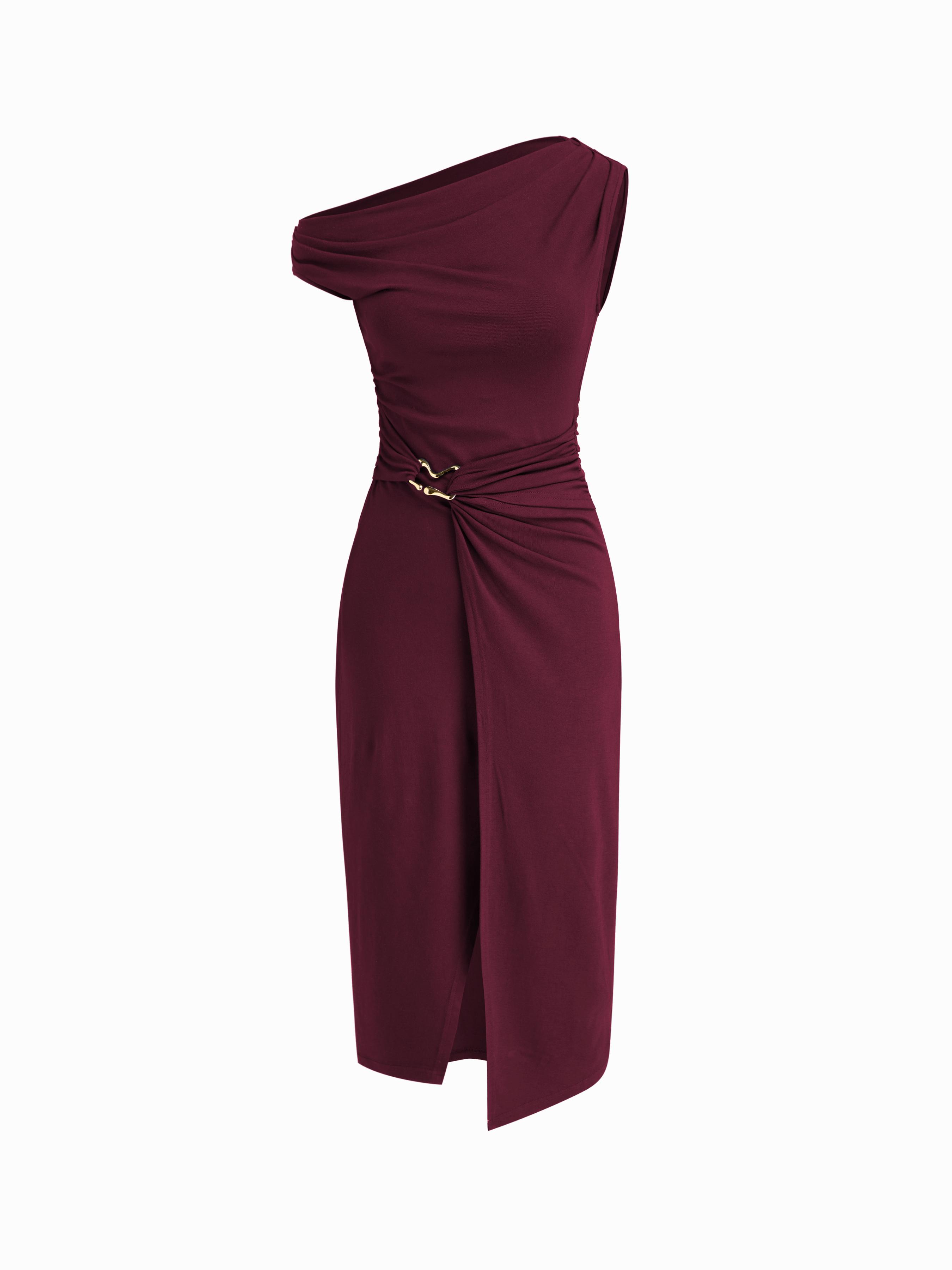 Asymmetrical Neck Wrap Metal Detail Ruched Midi Dress by CIDER