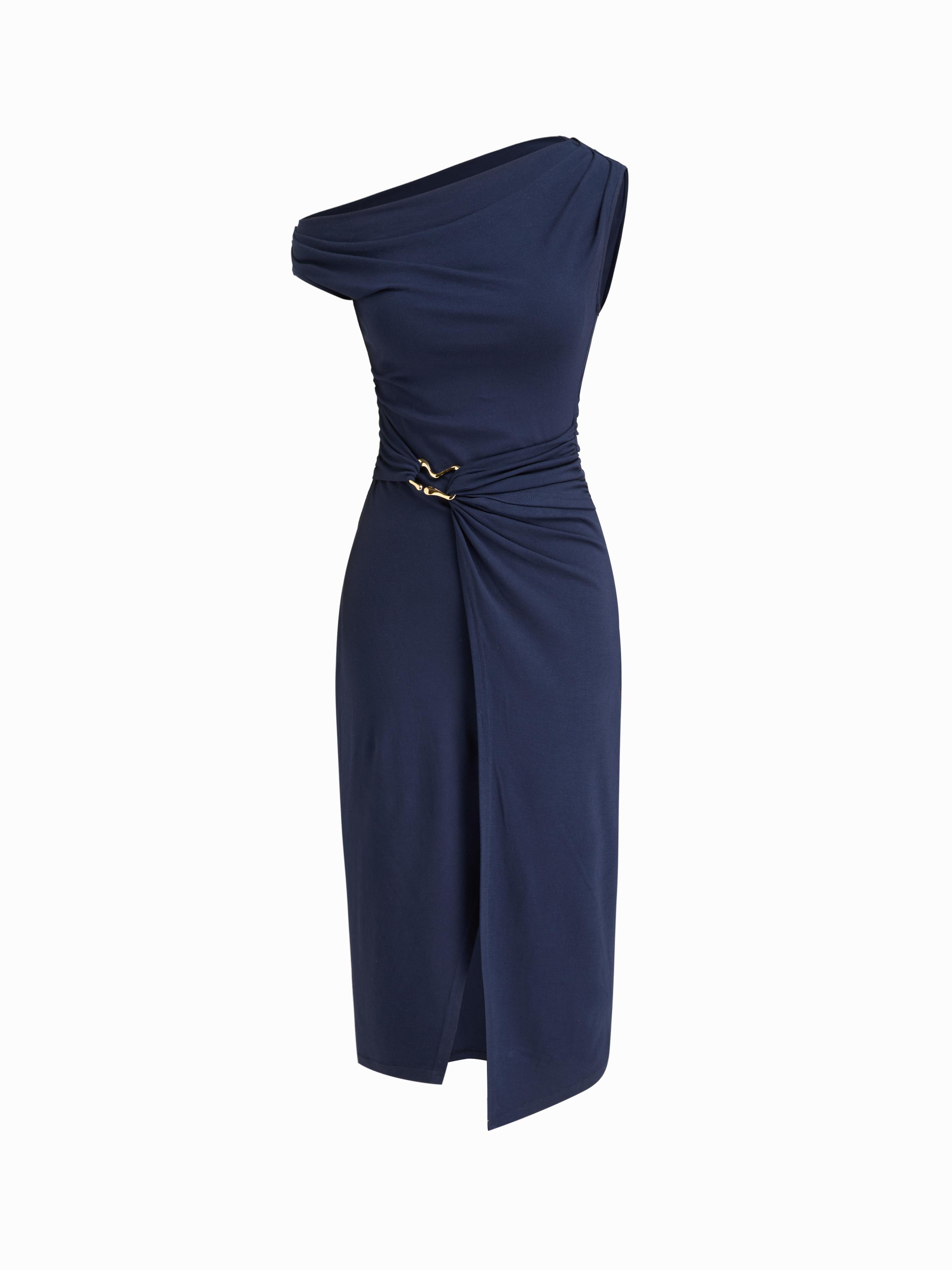 Asymmetrical Neck Wrap Metal Detail Ruched Midi Dress by CIDER