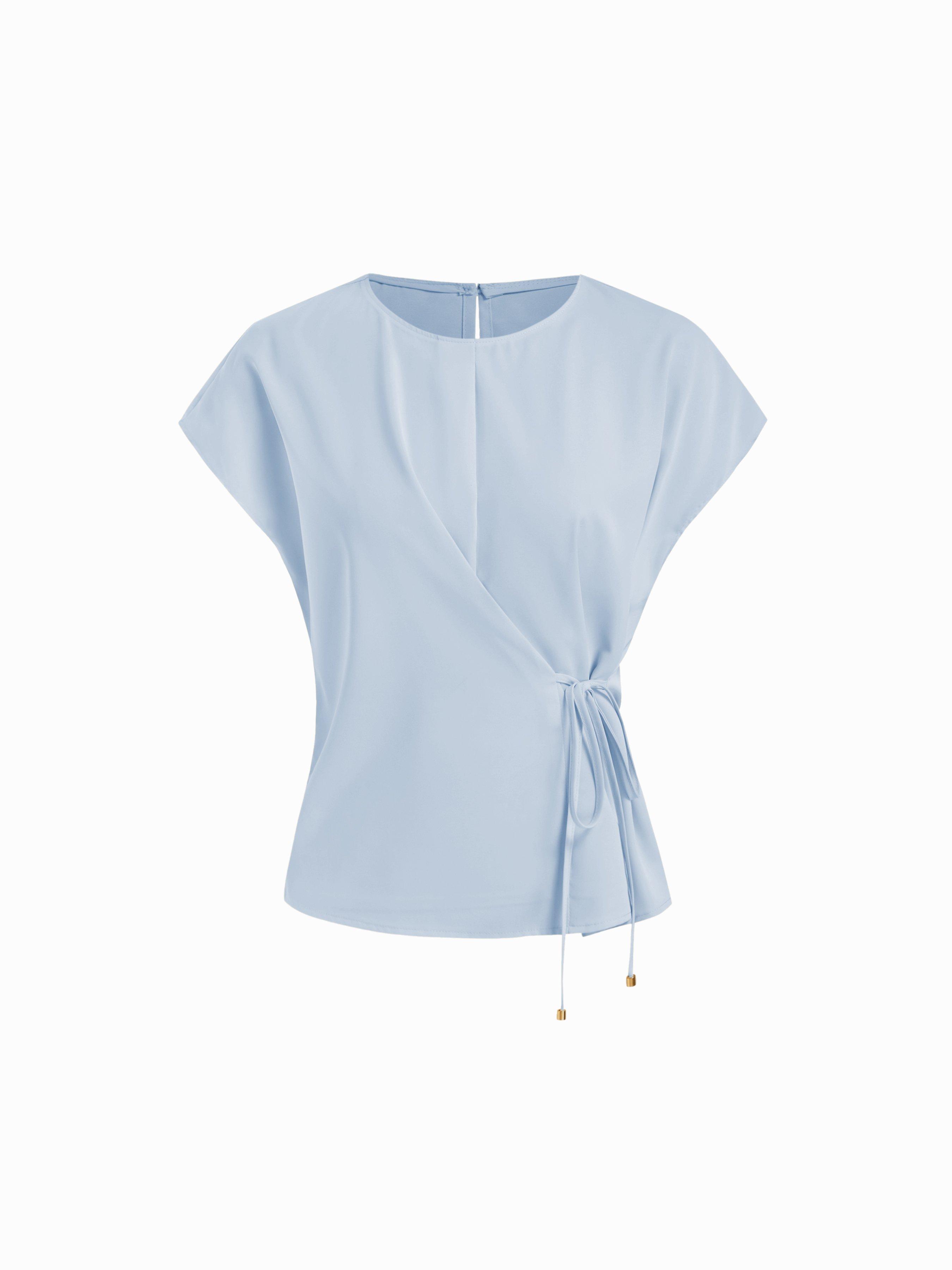 Asymmetrical Round Neckline Tie Front Short Sleeve Blouse With Metal Detail by CIDER