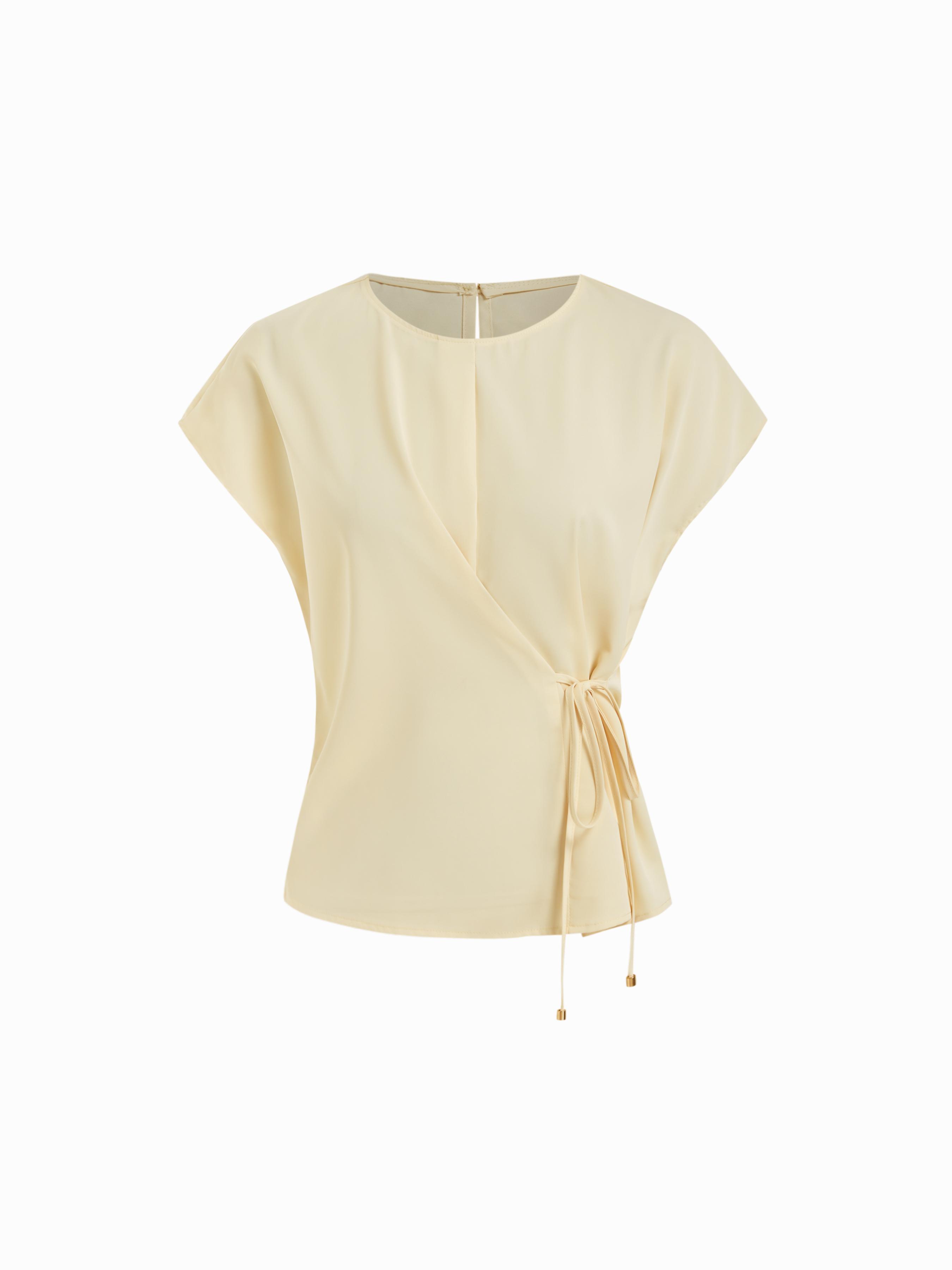 Asymmetrical Round Neckline Tie Front Short Sleeve Blouse With Metal Detail by CIDER